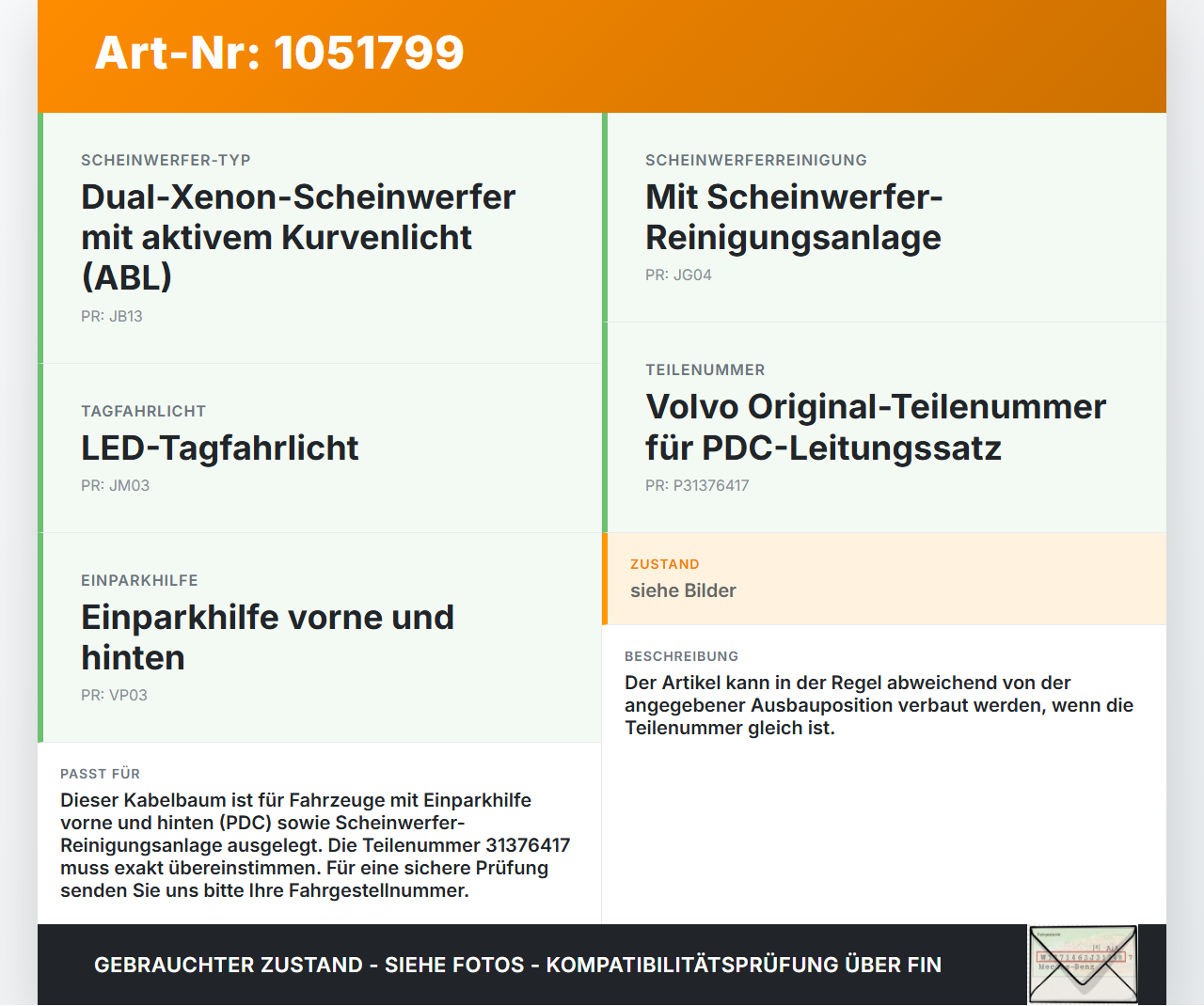 Volvo XC60 156 13-17 PDC Kabelbaum Leitungssatz Volvo XC60 156 13-17 23.11.2016 31376417 D-31376417-002 gebraucht Vorschau 3