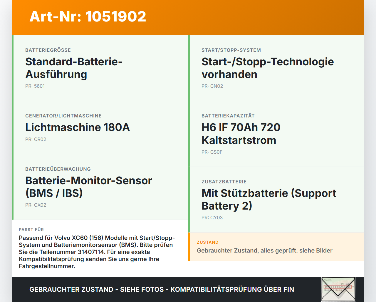 Volvo XC60 156 13-17 Kabelbaum für Batterie Batterieklemme IBS Volvo XC60 156 13-17 23.11.2016 31407114 gebraucht Vorschau 3