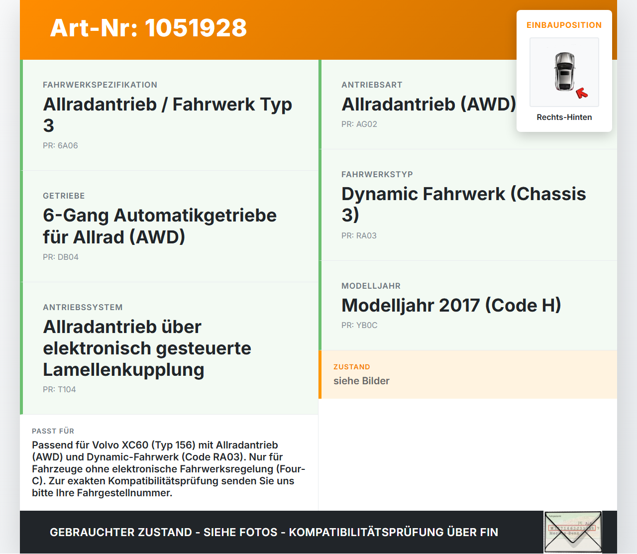 Volvo XC60 156 13-17 Stossdämpfer Rechts Hinten Volvo XC60 156 13-17 23.11.2016 31406012 801403001233 gebraucht Vorschau 3