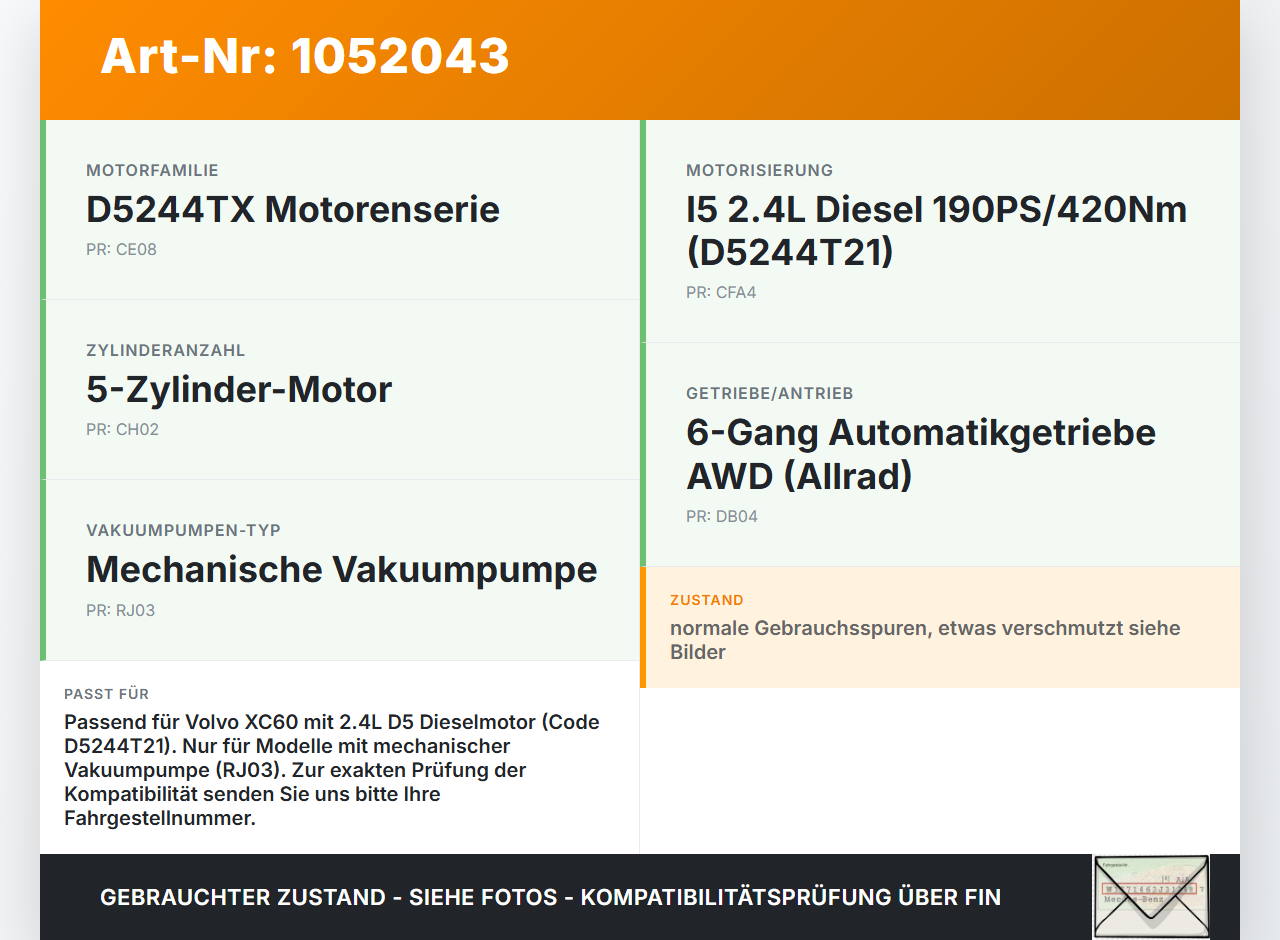 Volvo XC60 156 13-17 2,4 140KW D5244T21 Unterdruckpumpe Vakuumpumpe Volvo XC60 156 13-17 23.11.2016 31375107 gebraucht Vorschau 3