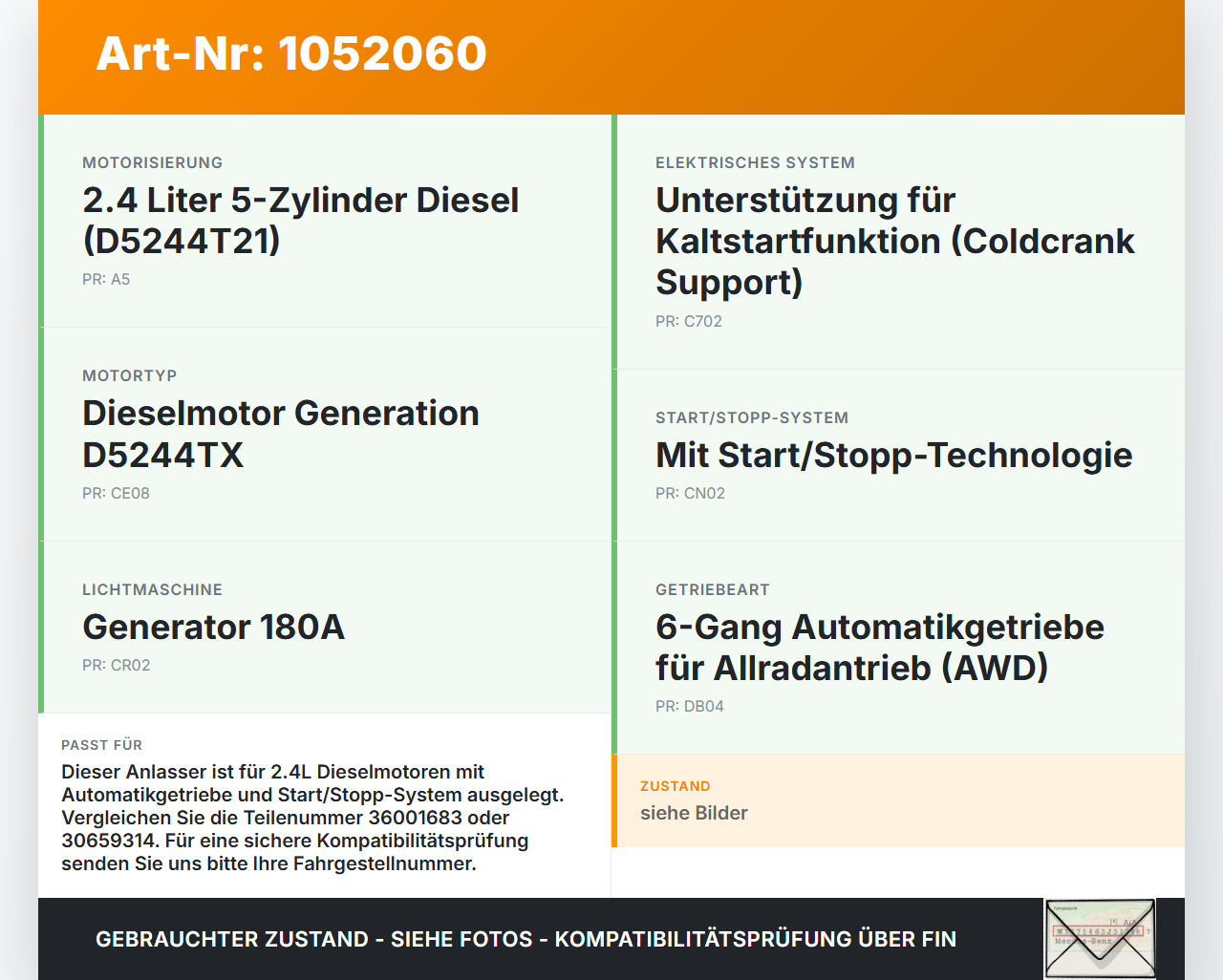 Volvo XC60 156 13-17 2,4 140KW Autom Anlasser Starter Volvo XC60 156 13-17 23.11.2016 36001683 30659314 gebraucht Vorschau 3