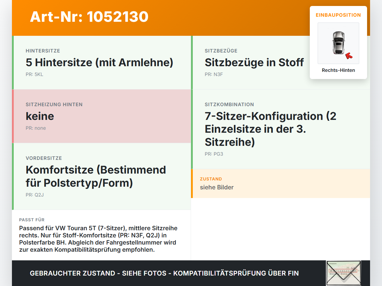 VW Touran II 5T 15-24 Sitzbezug Sitzpolster für Beifahrersitz Rechts Hinten mittlere Reihe VW Touran II 5T 15-24... Vorschau 3