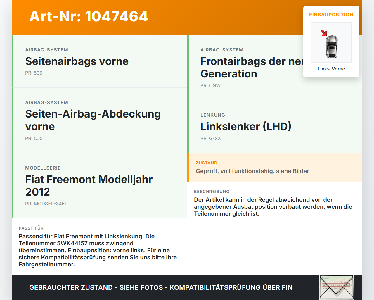 Fiat Freemont 11-16 Sensor für Airbag Crashsensor Airbagsensor Links Vorne Fiat Freemont 11-16 05.01.2012 ... Vorschau 3