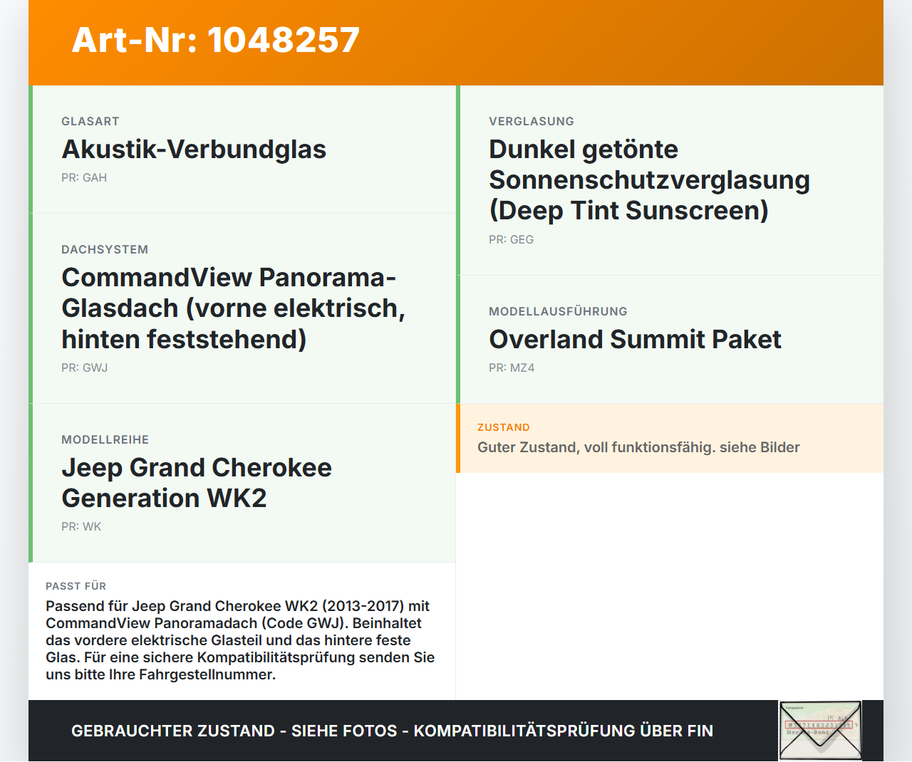 Jeep Grand Cherokee WK2 13-17 Panoramadach Jeep Grand Cherokee WK2 13-17 24.02.2017 68236781AA gebraucht Vorschau 3