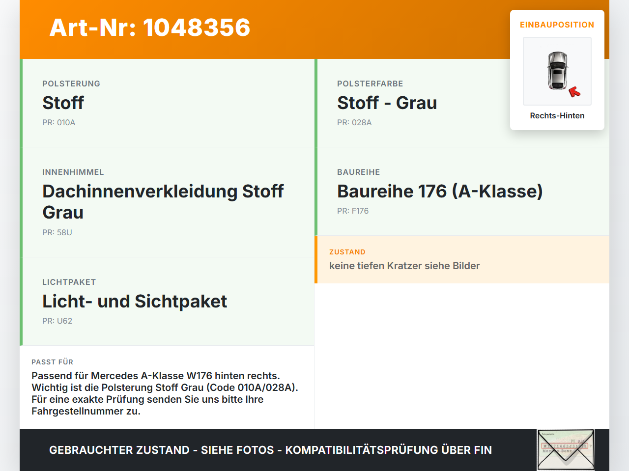 Mercedes W176 A200 12-15 Lim Türverkleidung Türpappe Rechts Hinten Mercedes W176 A200 12-15 05.11.2012 A1767301000... Vorschau 3