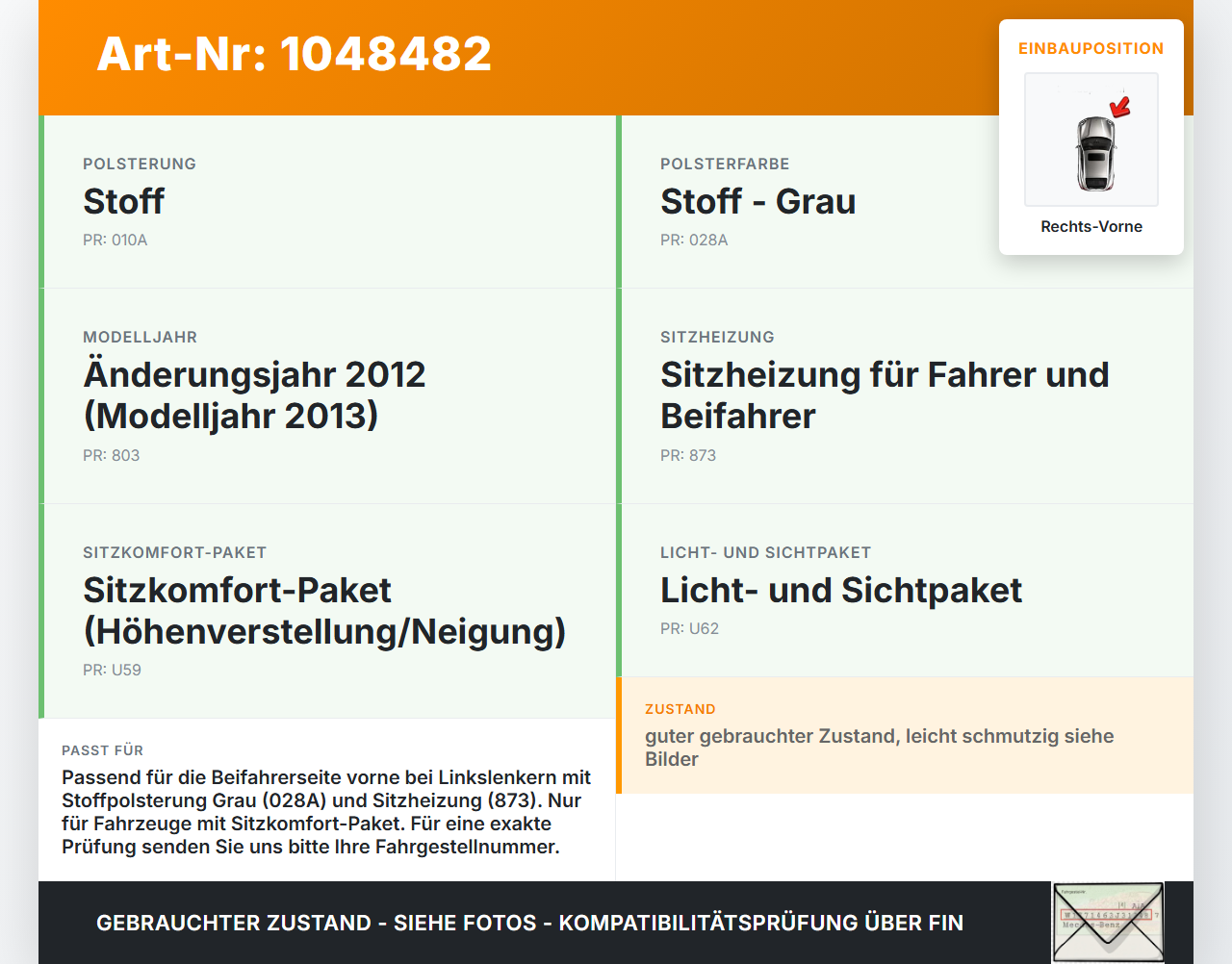 Mercedes W176 A200 12-15 Lim Sitzpolster für Beifahrersitz Rechts Vorne Mercedes W176 A200 12-15 05.11.2012... Vorschau 3