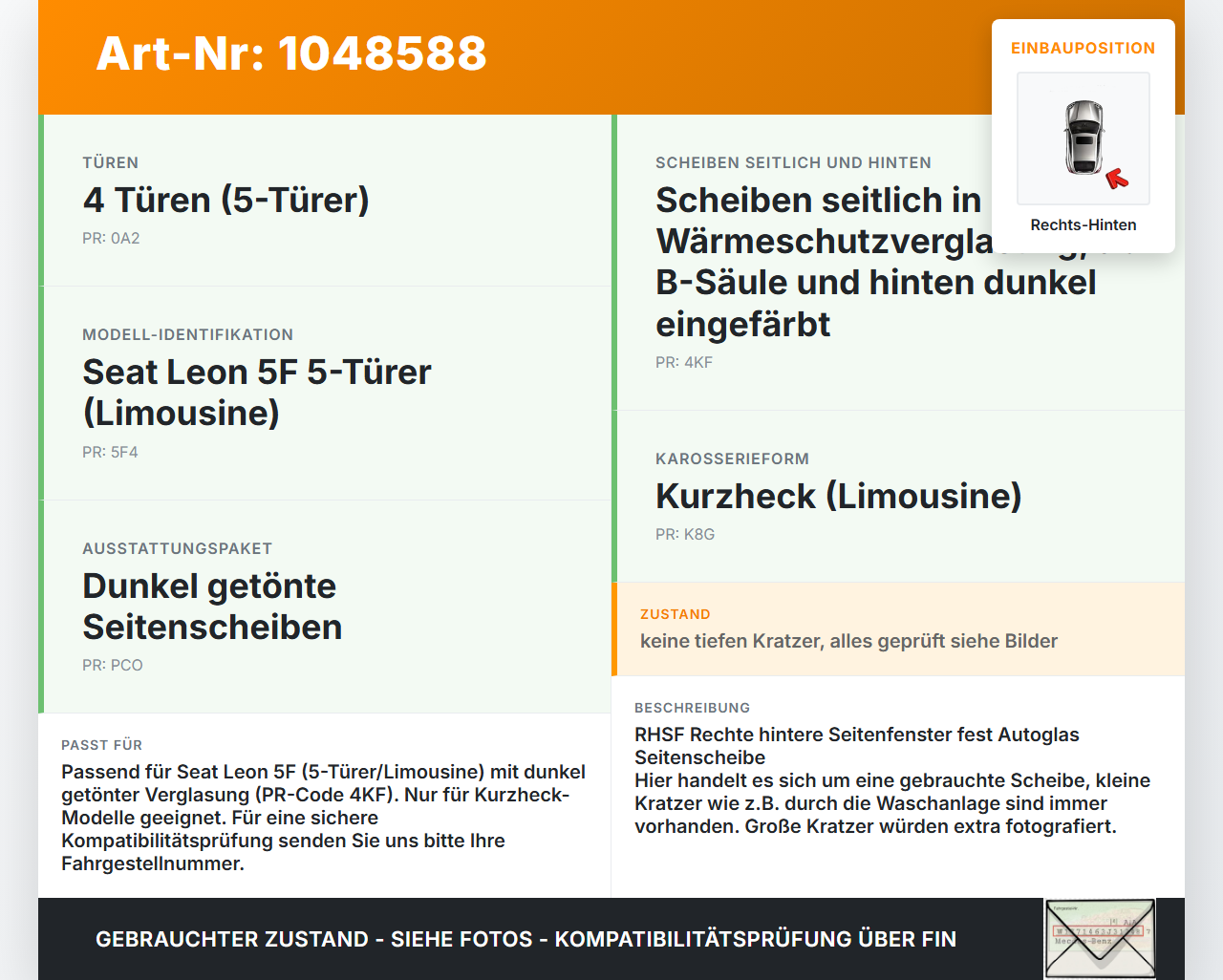 Seat Leon 5F 12-16 Lim Seitenscheibe Feste Scheibe Rechts Hinten Seat Leon 5F 12-16 17.12.2015 5F4845042J... Vorschau 3