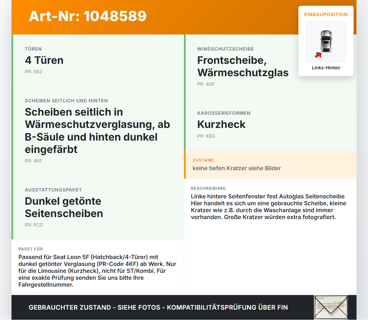 Seat Leon 5F 12-16 Lim Seitenscheibe Feste Scheibe Links Hinten Seat Leon 5F 12-16 17.12.2015 5F4845041J... Vorschau 3