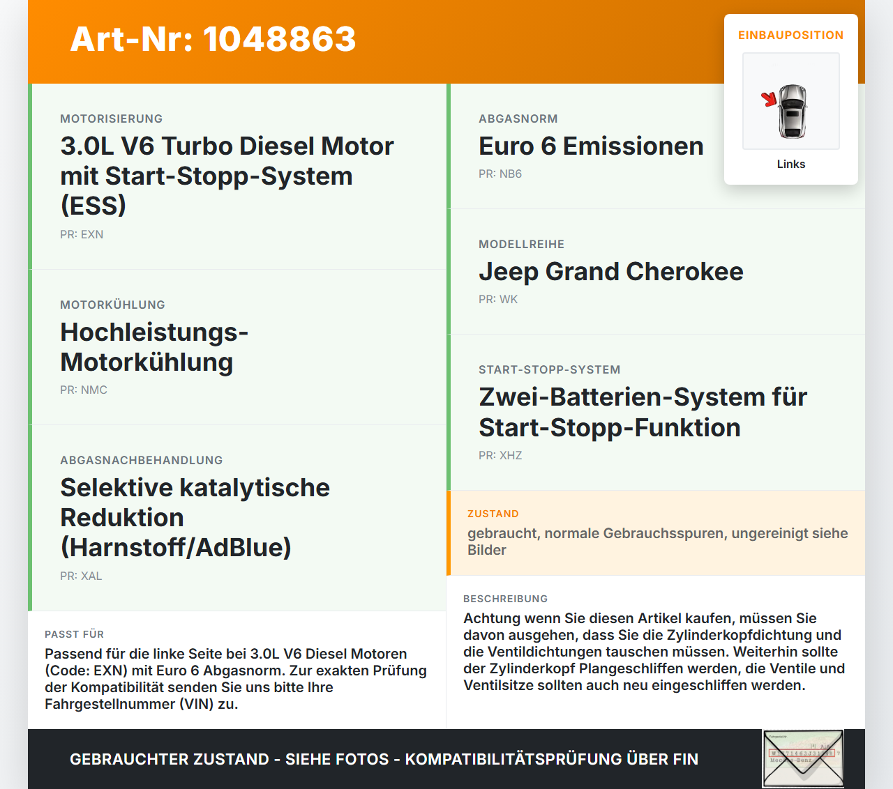 Jeep Grand Cherokee WK2 13-17 3,0d 184KW EXN Zylinderkopf Links Jeep Grand Cherokee WK2 13-17 24.02.2017 18031954C3... Vorschau 3