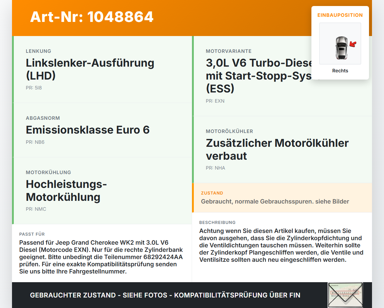 Jeep Grand Cherokee WK2 13-17 3,0d 184KW EXN Zylinderkopf Rechts Jeep Grand Cherokee WK2 13-17 24.02.2017... Vorschau 3
