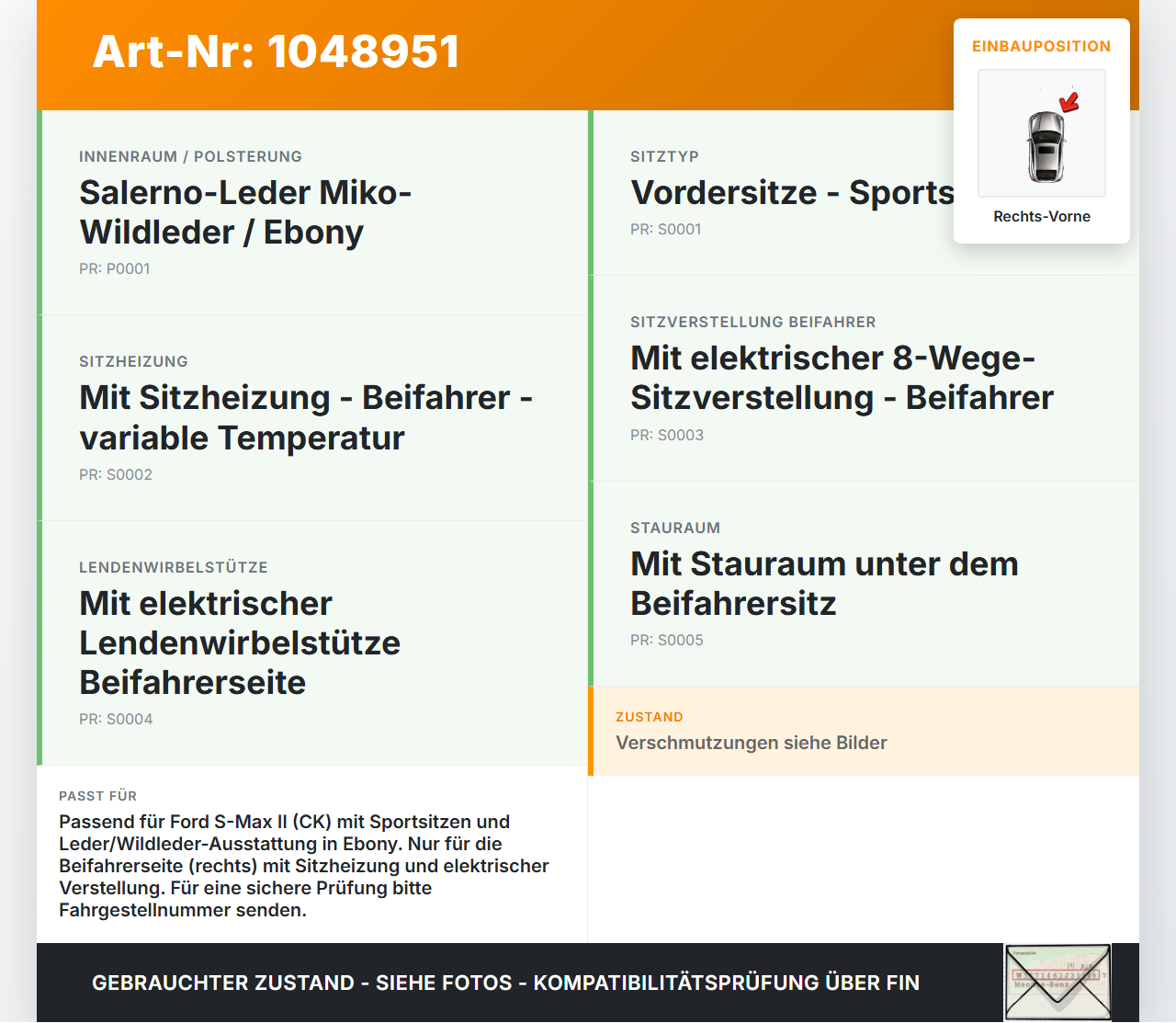Ford S-Max II CK 15-19 Sitzbezug Sitzpolster für Beifahrersitz Rechts Vorne beheizt Ford S-Max II CK 15-19... Vorschau 3