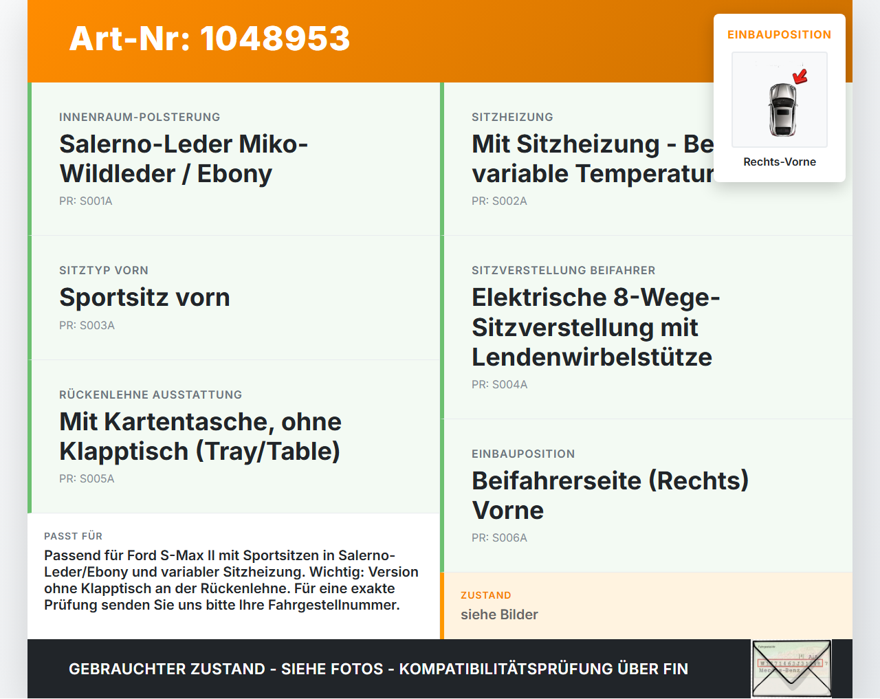 Ford S-Max II CK 15-19 Sitzbezug Rückenpolster Rechts Vorne für Beifahrer Sitz beheizt Ford S-Max II CK 15-19... Vorschau 3