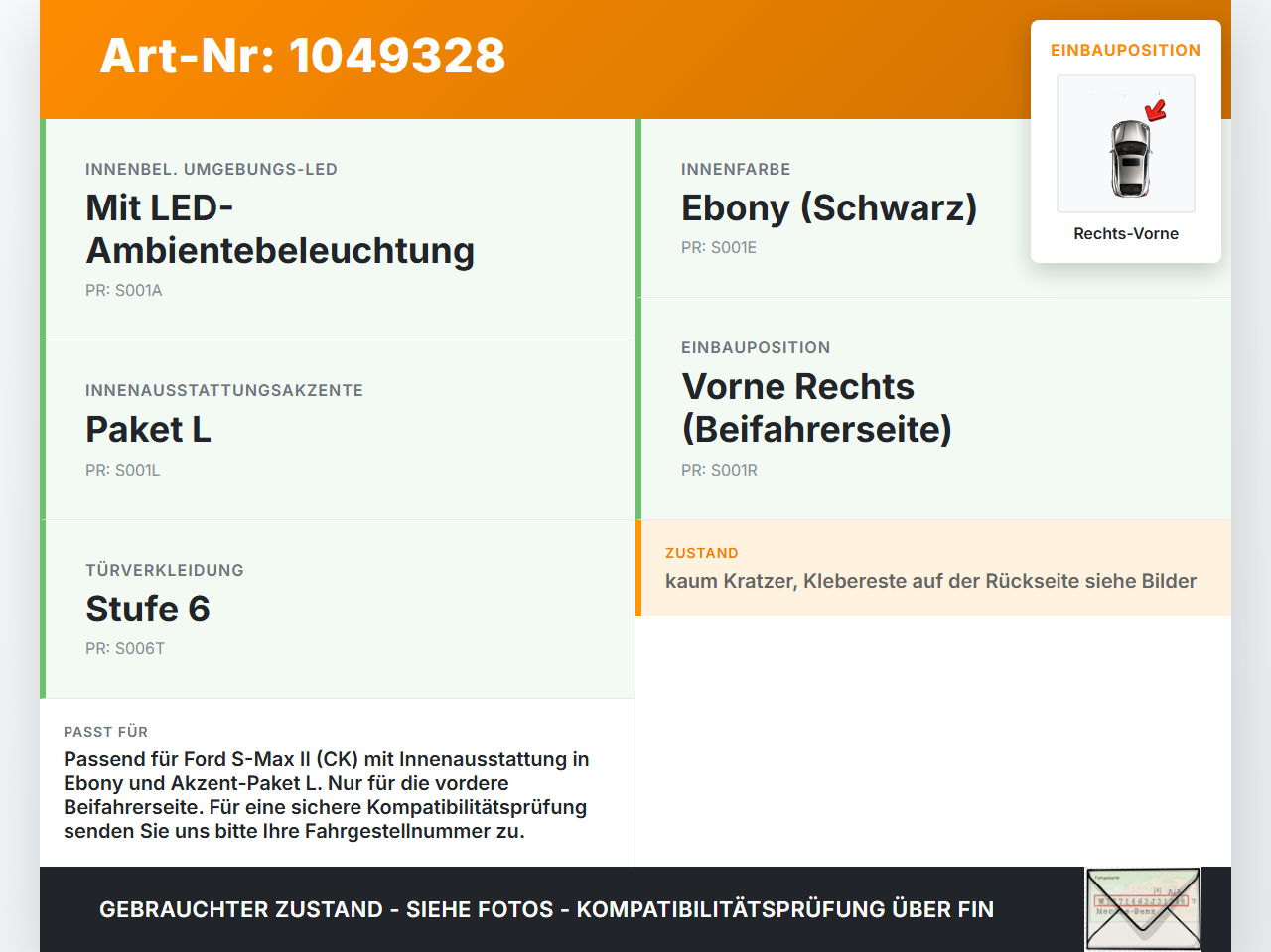 Ford S-Max II CK 15-19 Türleiste Rechts Vorne Innen KF Ford S-Max II CK 15-19 19.12.2015 EM2B-R061A16-AFW... Vorschau 3