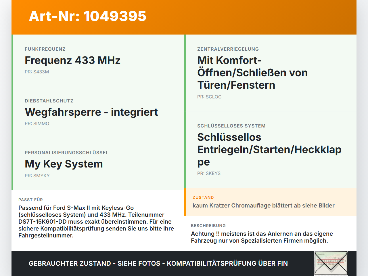 Ford S-Max II CK 15-19 ZV Schlüssel Funkschlüssel Ford S-Max II CK 15-19 19.12.2015 DS7T-15K601-DD 1941607 gebraucht Vorschau 3