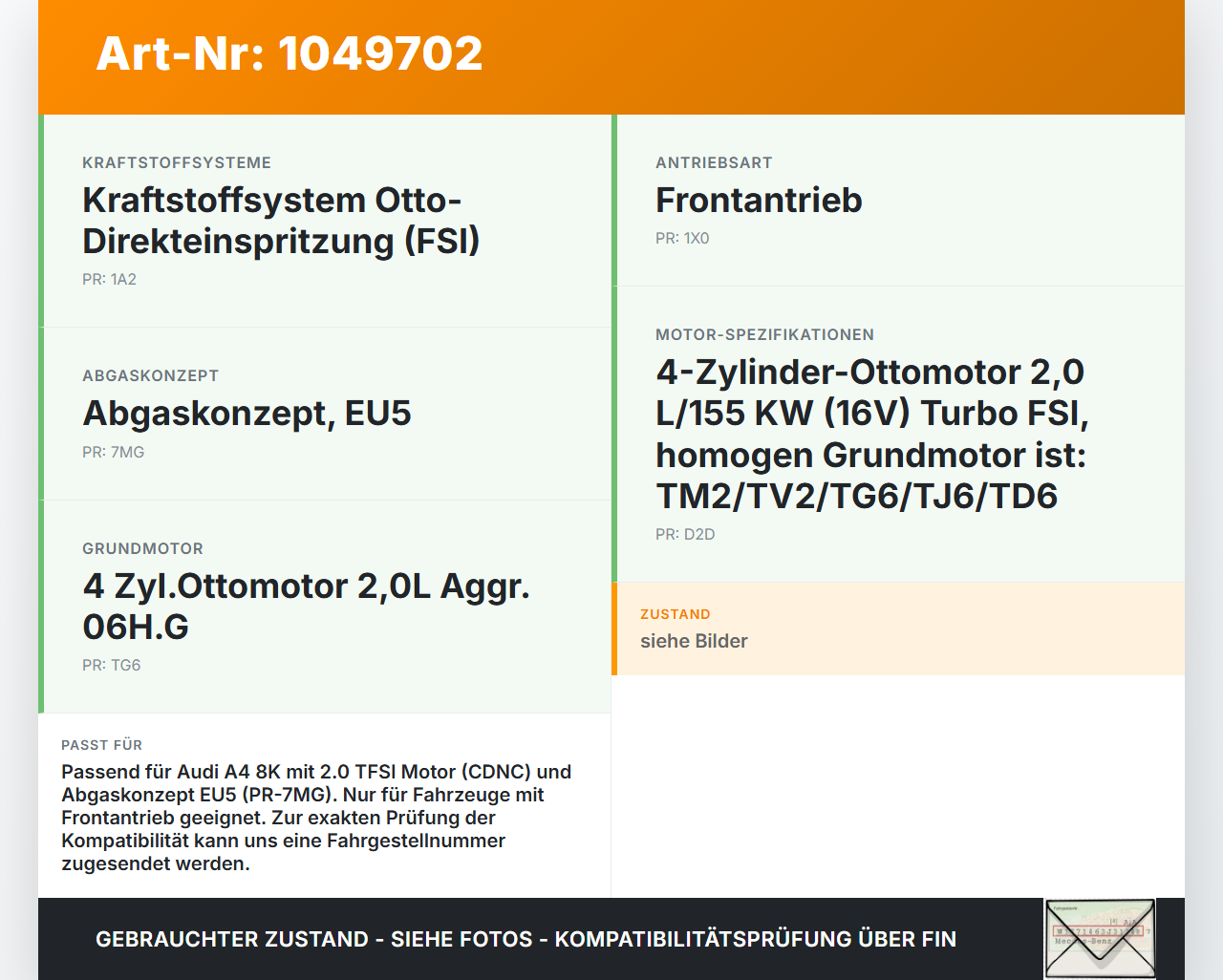 Audi A4 8K 07-11 2,0 155KW Katalysator Kat Audi A4 8K 07-11 08.06.2009 8K0254253FX gebraucht Vorschau 3