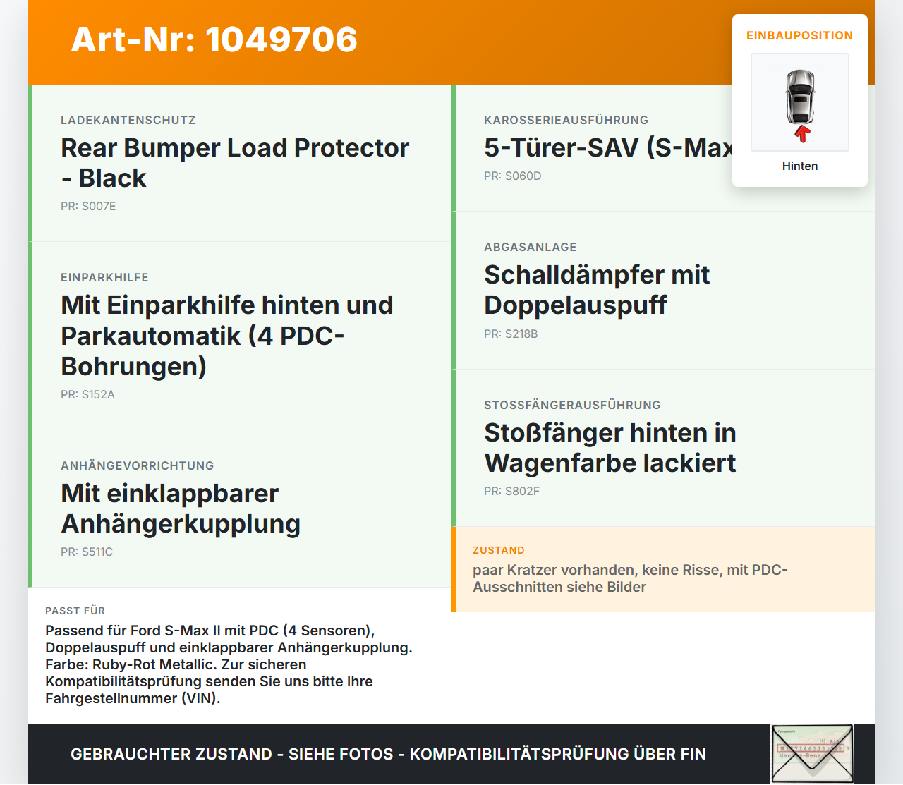 Ford S-Max II CK 15-19 Stoßstange Stoßfänger Heckstosstange Hinten KF Ford S-Max II CK 15-19 19.12.2015... Vorschau 3