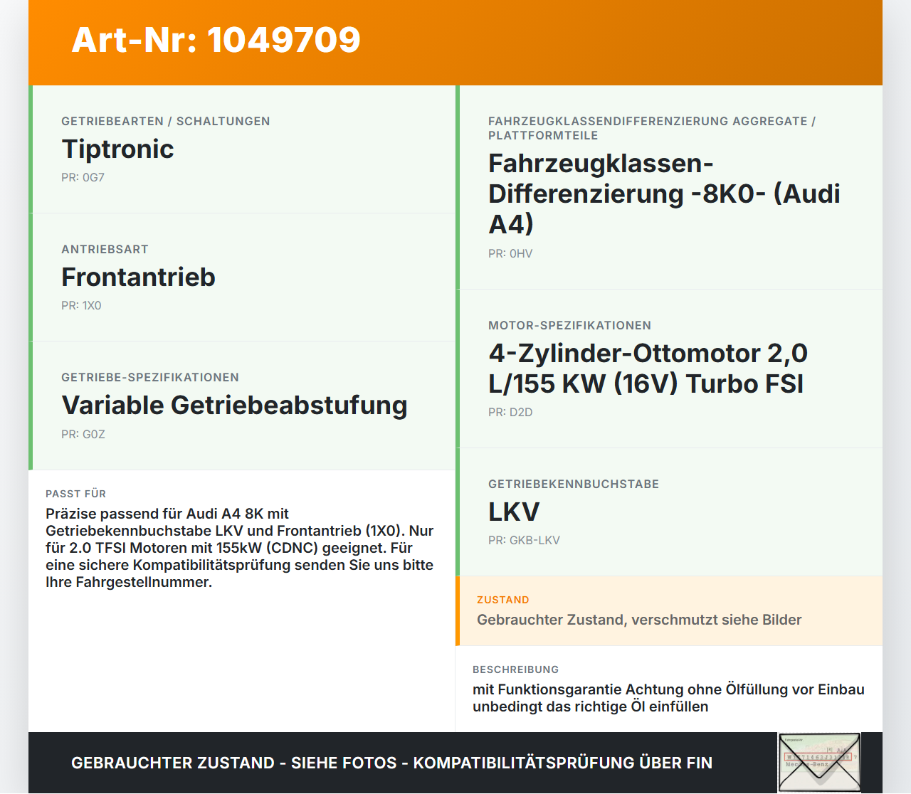 Audi A4 8K 07-11 2,0 155KW LKV Automatikgetriebe Getriebe ohne Wandler Audi A4 8K 07-11 08.06.2009 0AW301383F... Vorschau 3