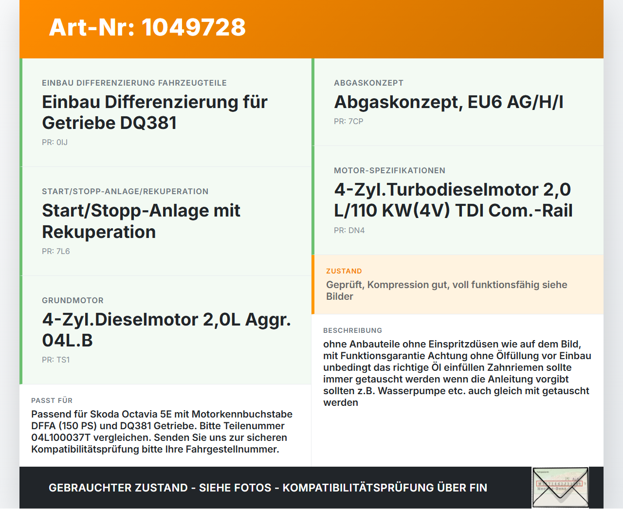 Skoda Octavia III 5E 12-17 TDI 2,0 110KW DFFA Motor Triebwerk Skoda Octavia III 5E 12-17 04.12.2018 04L100037T... Vorschau 3