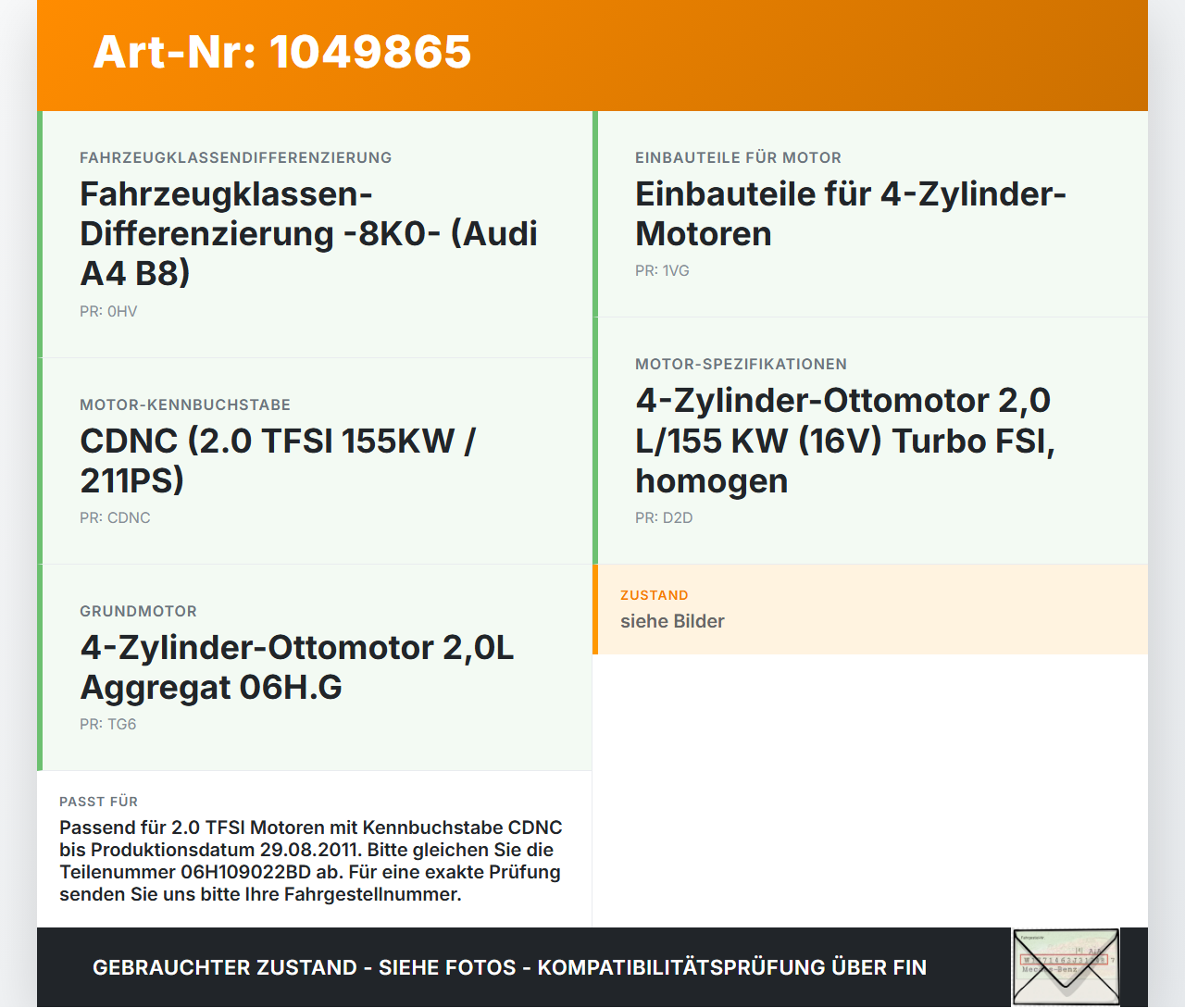 Audi A4 8K 07-11 2,0 155KW CDNC Nockenwelle Auslass Audi A4 8K 07-11 08.06.2009 06H109571M 06H109022BD gebraucht Vorschau 3