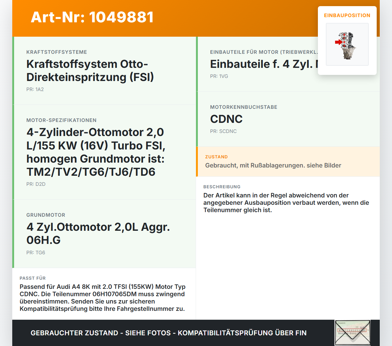 Audi A4 8K 07-11 2,0 155KW CDNC Kolben mit Pleuel Pos B Audi A4 8K 07-11 08.06.2009 06H107065DM gebraucht Vorschau 3