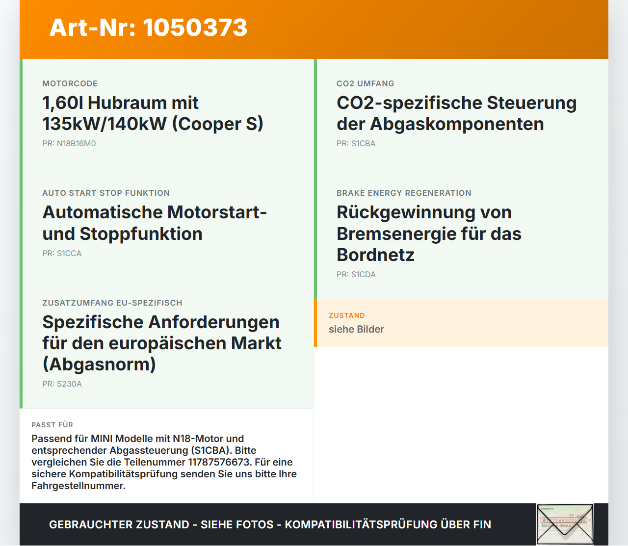 MINI Cooper S All4 R60 14-16 1,6 140KW Lambdasonde MINI Cooper S All4 R60 14-16 30.03.2015 11787576673 gebraucht Vorschau 3