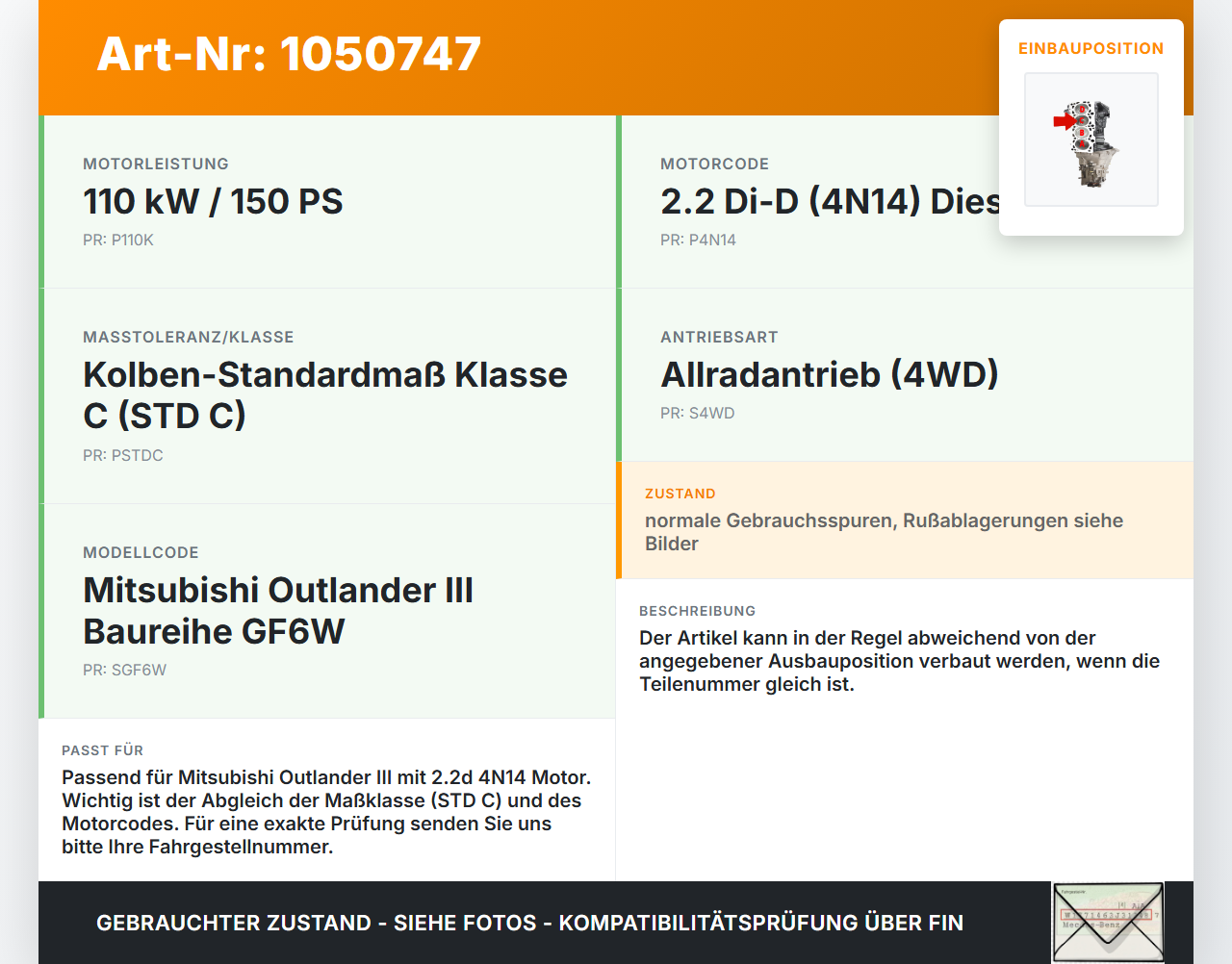 Mitsubishi Outlander III 15-18 2,2d 110KW 4N14 Kolben mit Pleuel Pos C Mitsubishi Outlander III 15-18 25.10.2012... Vorschau 3