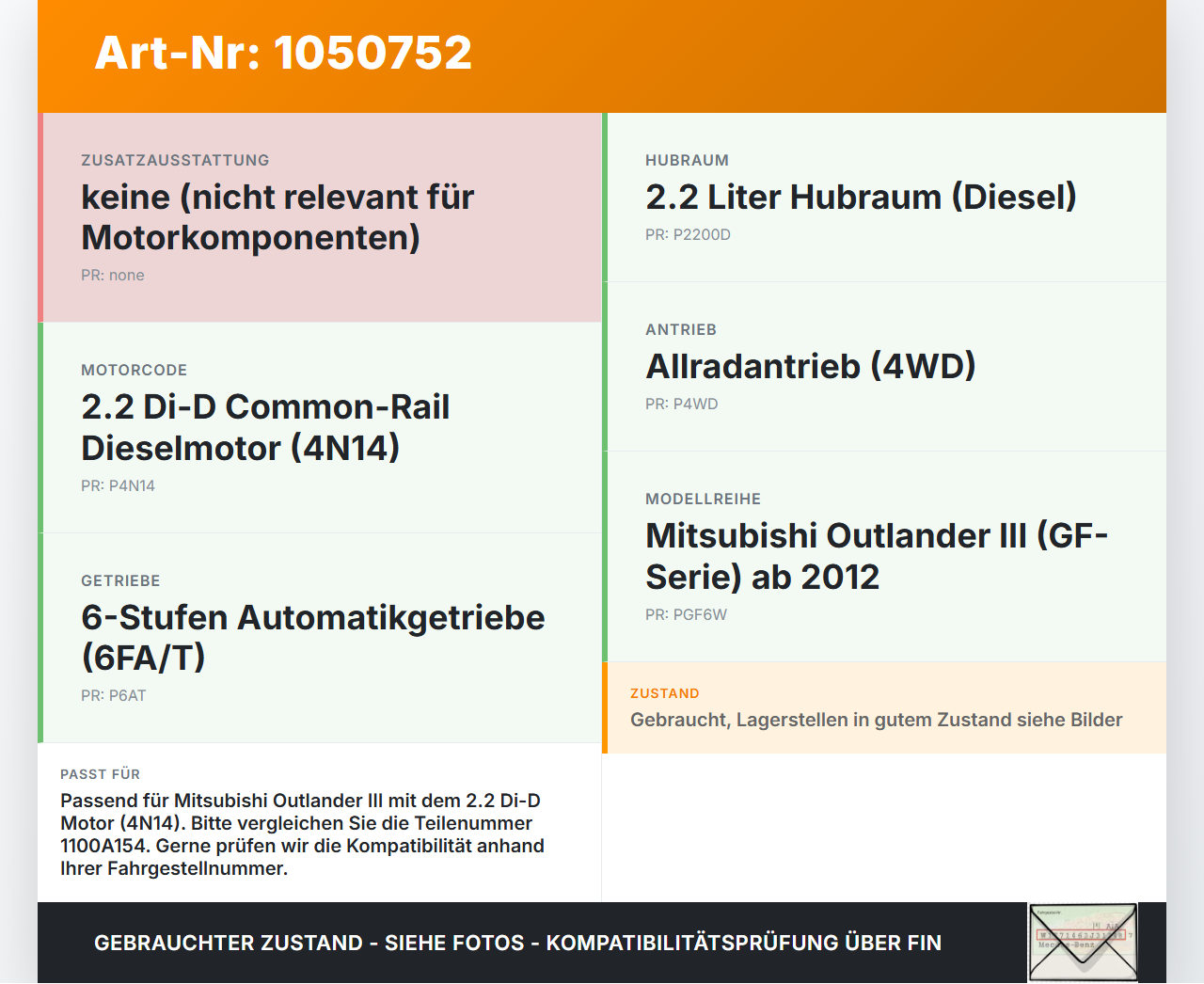 Mitsubishi Outlander III 15-18 2,2d 110KW 4N14 Kurbelwelle Mitsubishi Outlander III 15-18 25.10.2012 1100A154 gebraucht Vorschau 3