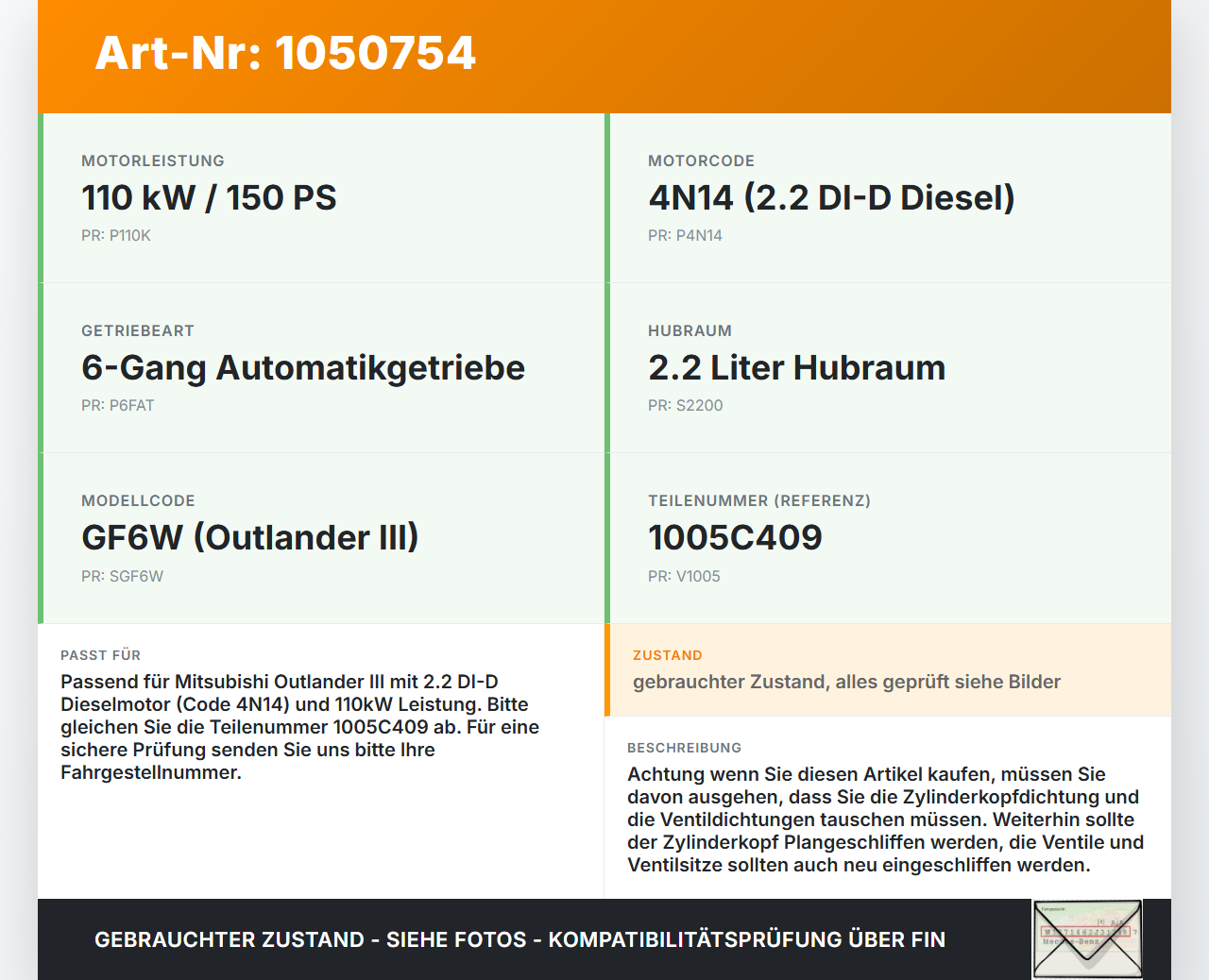 Mitsubishi Outlander III 15-18 2,2d 110KW 4N14 Zylinderkopf Mitsubishi Outlander III 15-18 25.10.2012 1005C409 gebraucht Vorschau 3