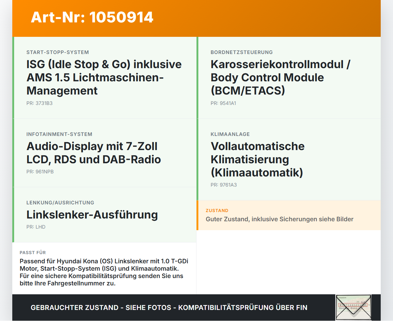 Hyundai Kona OS 17-20 T-GDi 1,0 88KW Sicherungskasten Zentralelektrik Hyundai Kona OS 17-20 03.08.2018 91950J9220... Vorschau 3