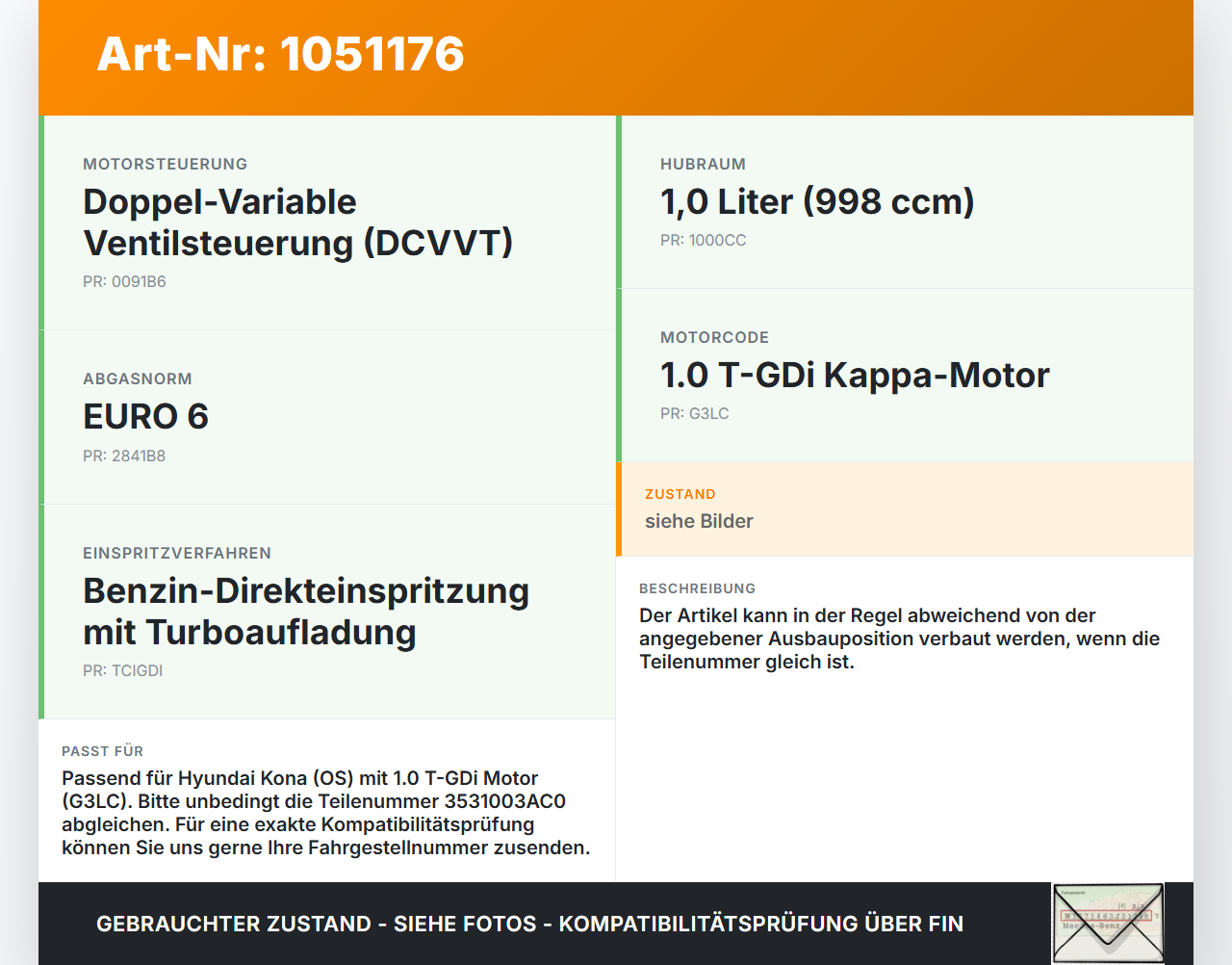 Hyundai Kona OS 17-20 T-GDi 1,0 88KW Injektor Einspritzdüse Zyl.2 Hyundai Kona OS 17-20 03.08.2018 3531003AC0... Vorschau 3