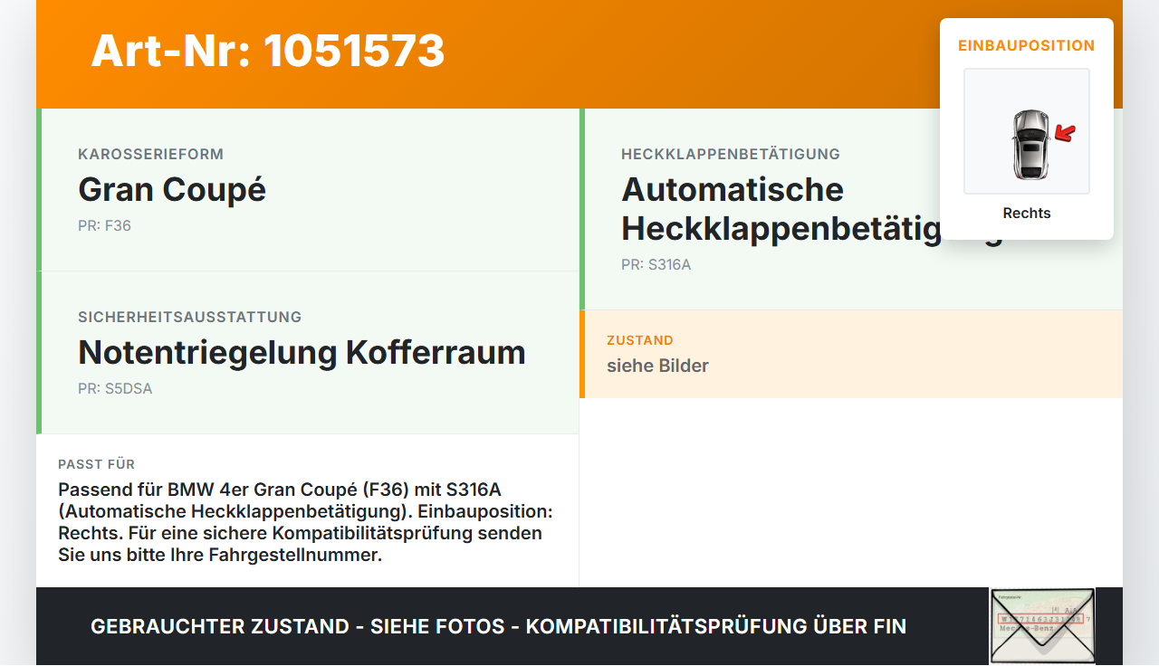 BMW 428i F36 14-17 Coupe Spindelantrieb für Heckklappe Gasdruckfeder Rechts BMW 428i F36 14-17 02.06.2016... Vorschau 3