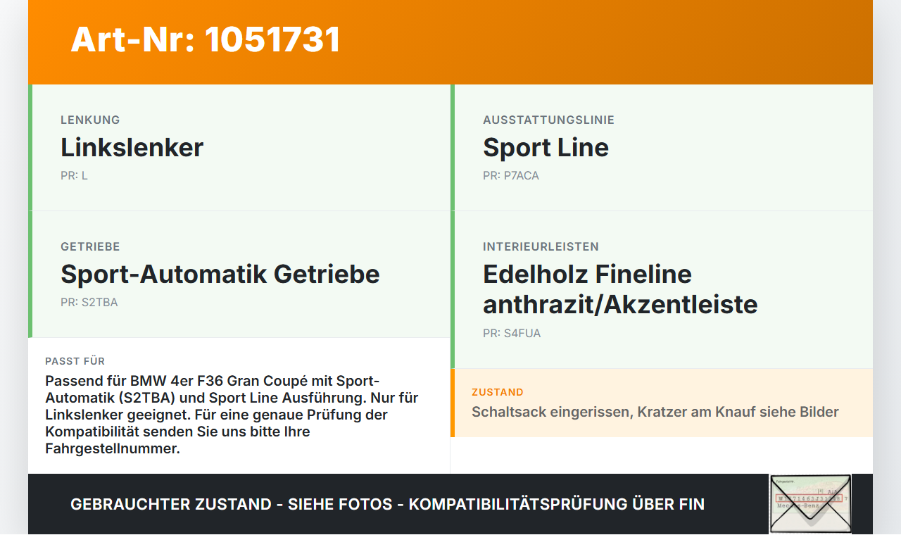 BMW 428i F36 14-17 2,0 180KW Autom Schaltkulisse Schalthebel BMW 428i F36 14-17 02.06.2016 2250698 61312250698... Vorschau 3