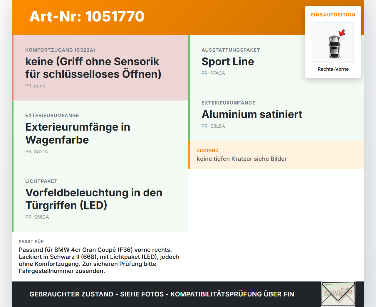 BMW 428i F36 14-17 Coupe Türgriff Griff aussen Rechts Vorne 668 BMW 428i F36 14-17 02.06.2016 7207562 51217207562... Vorschau 3