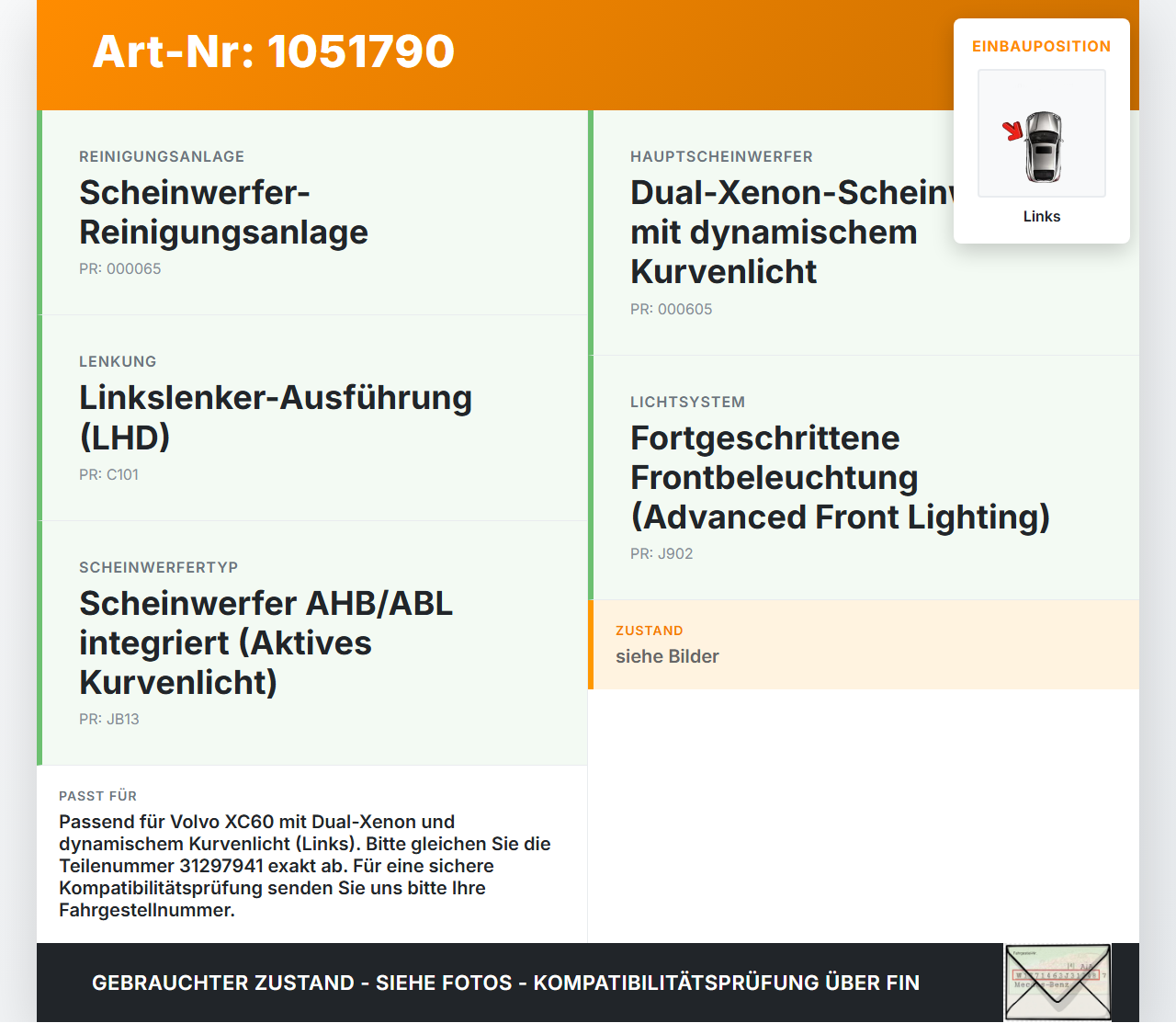 Volvo XC60 156 13-17 Xenon Vorschaltgerät Steuergerät Links Volvo XC60 156 13-17 23.11.2016 31297941 89089352 gebraucht Vorschau 3