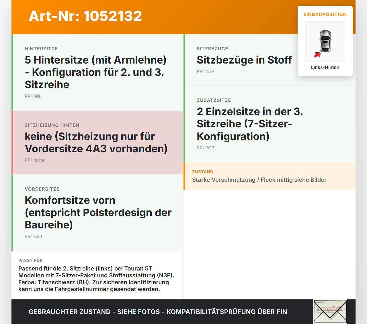 VW Touran II 5T 15-24 Sitzbezug Sitzpolster Links für Rücksitzbank Hinten VW Touran II 5T 15-24 12.05.2016... Vorschau 3
