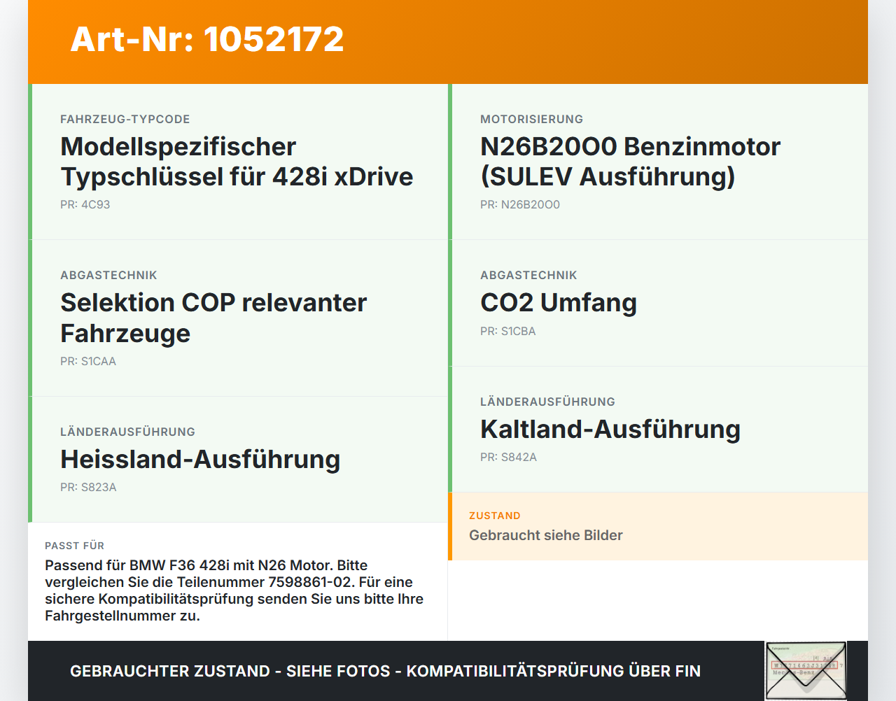 BMW 428i F36 14-17 Klopfsensor Sensor BMW 428i F36 14-17 02.06.2016 7598861 13627598861 7598861-02 gebraucht Vorschau 3