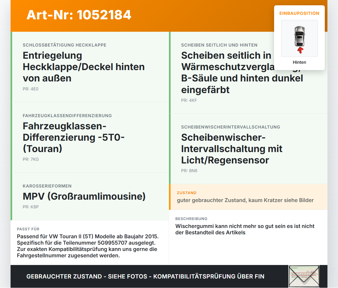 VW Touran II 5T 15-24 Heckwischer Scheibenwischer Hinten Wischarm VW Touran II 5T 15-24 12.05.2016 5G9955707 gebraucht Vorschau 3