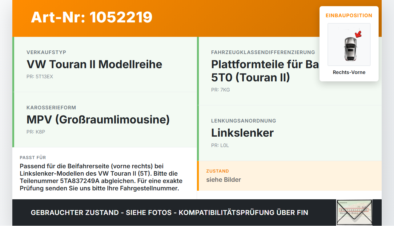 VW Touran II 5T 15-24 Türfangband Türbremse Türanschlag Rechts Vorne VW Touran II 5T 15-24 12.05.2016 5TA837249A... Vorschau 3
