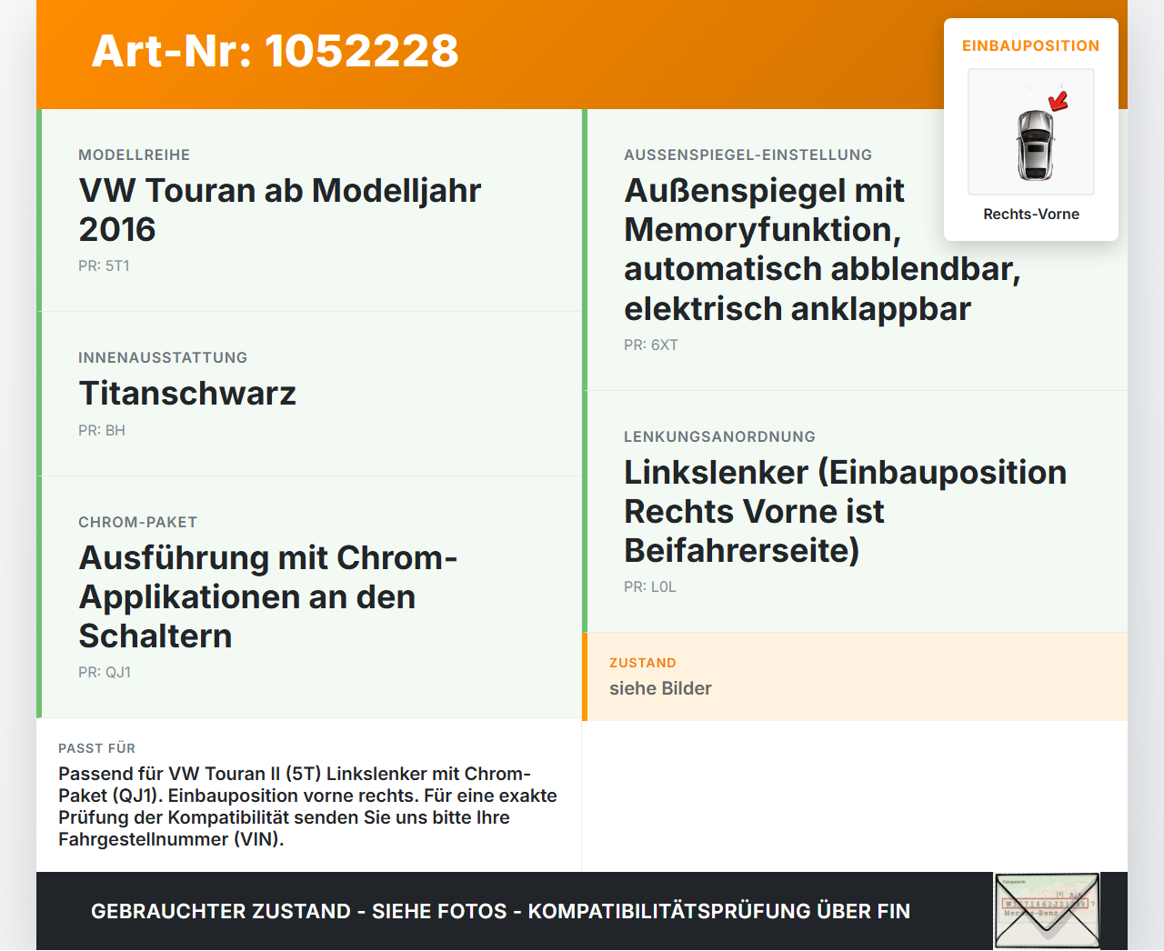 VW Touran II 5T 15-24 Fensterheberschalter Schalter Rechts Vorne VW Touran II 5T 15-24 12.05.2016 5G0959855N gebraucht Vorschau 3