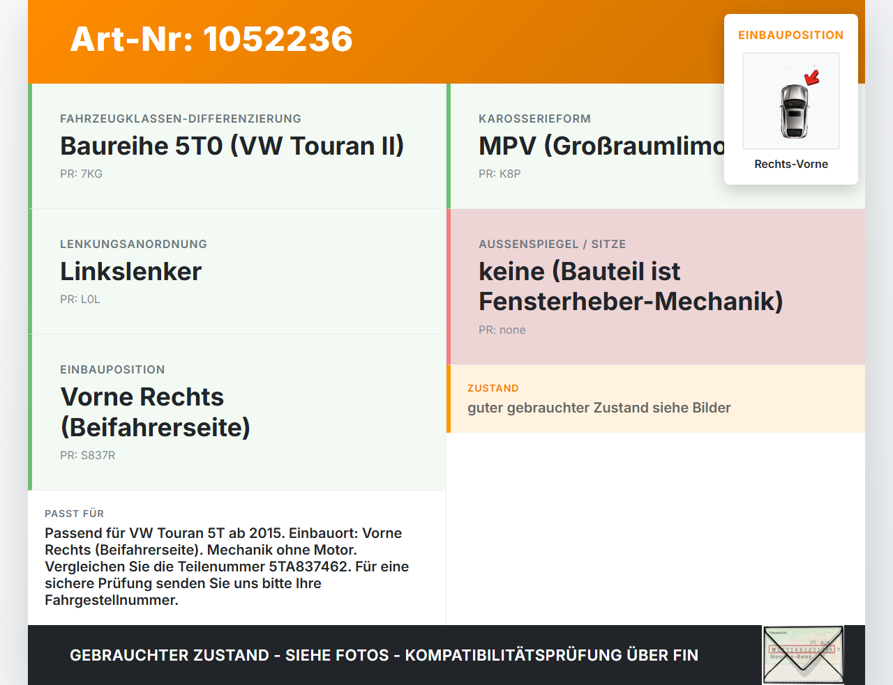 VW Touran II 5T 15-24 Fensterheber o. FH-Motor Rechts Vorne VW Touran II 5T 15-24 12.05.2016 5TA837462 36.237.000... Vorschau 3