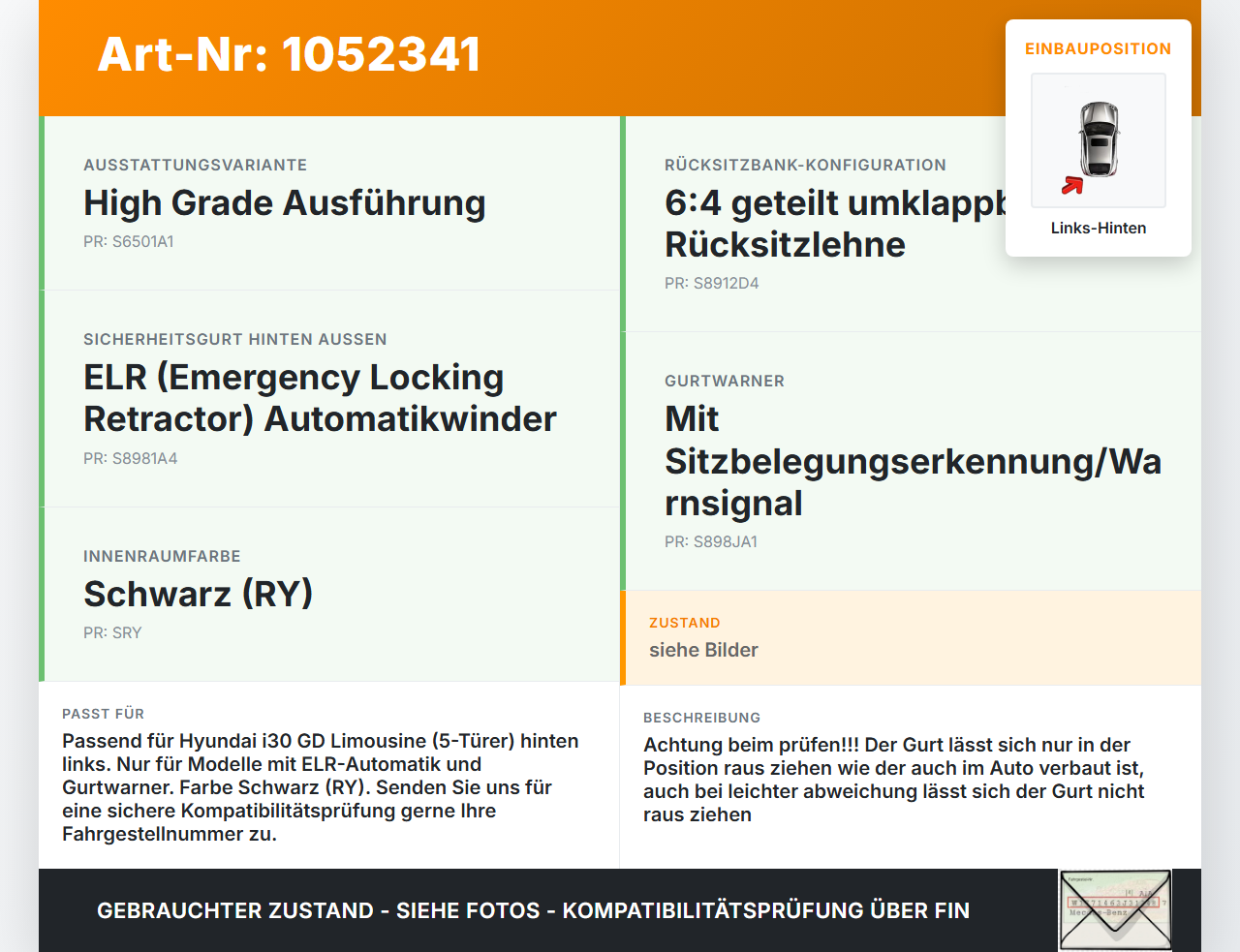 Hyundai I 30 GD 15-17 Lim Gurt Sicherheitsgurt Links Hinten Hyundai I 30 GD 15-17 30.10.2015 89830A6000RY... Vorschau 3