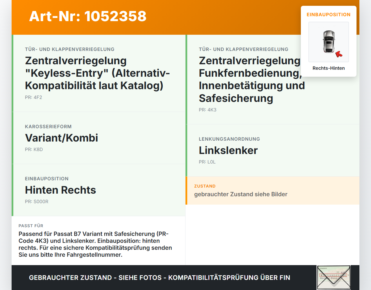 VW Passat 3C B7 10-14 Kombi Türschloss m. ZV Stellmotor Rechts Hinten VW Passat 3C B7 10-14 21.03.2011 3C4839016A... Vorschau 3