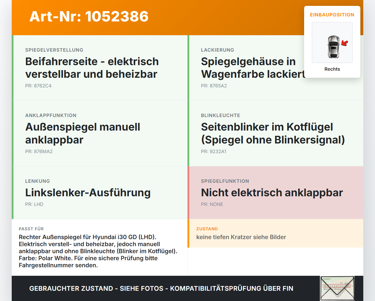 Hyundai I 30 GD 15-17 Spiegel Aussenspiegel Rechts Hyundai I 30 GD 15-17 30.10.2015 87620A6040 87620-A6040PYW... Vorschau 3