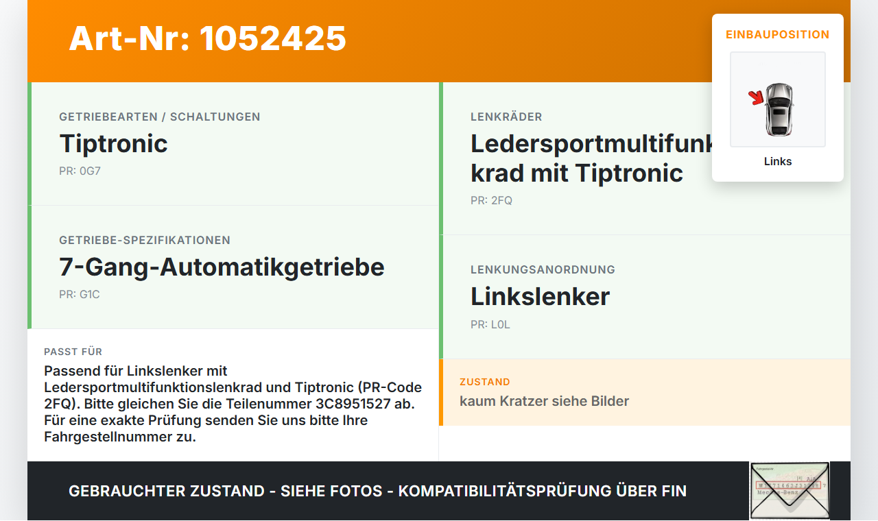 VW Passat 3C B7 10-14 Schaltwippe Lenkrad Schalter Minus Links VW Passat 3C B7 10-14 21.03.2011 3C8951527 90120-653... Vorschau 3