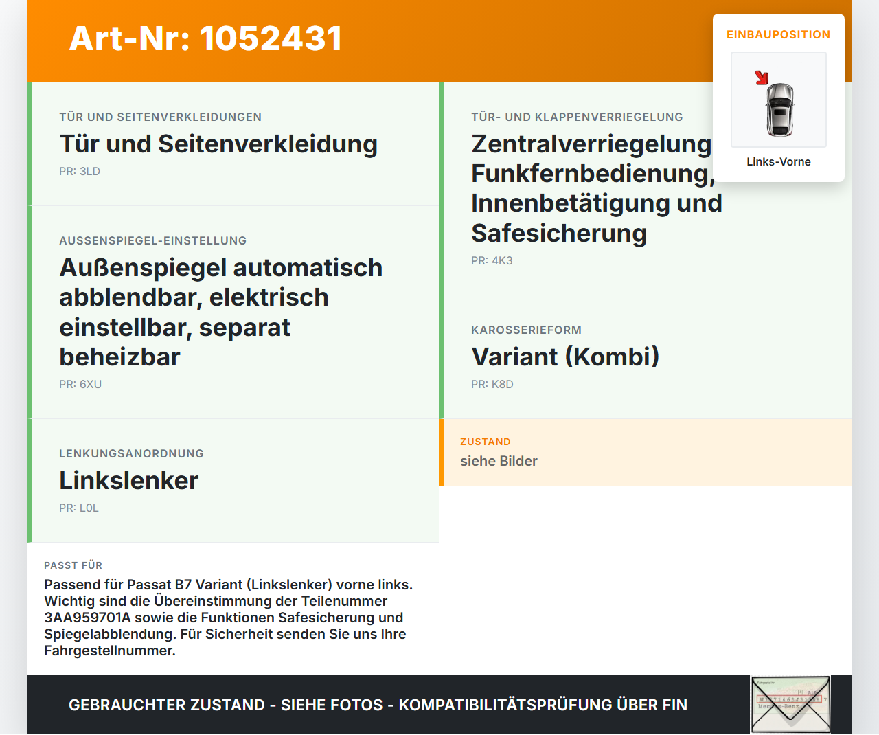 VW Passat 3C B7 10-14 Kombi Fensterhebermotor Links Vorne VW Passat 3C B7 10-14 21.03.2011 3AA959701A 936301-110... Vorschau 3