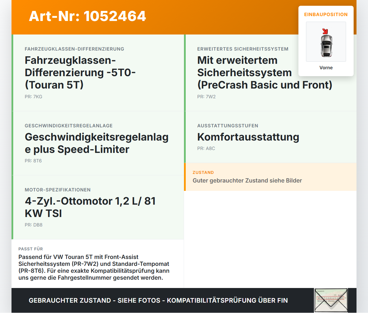VW Touran II 5T 15-24 TSI 1,2 81KW Sensor Radar Radarsensor Abstandsradar Vorne VW Touran II 5T 15-24 12.05.2016... Vorschau 3
