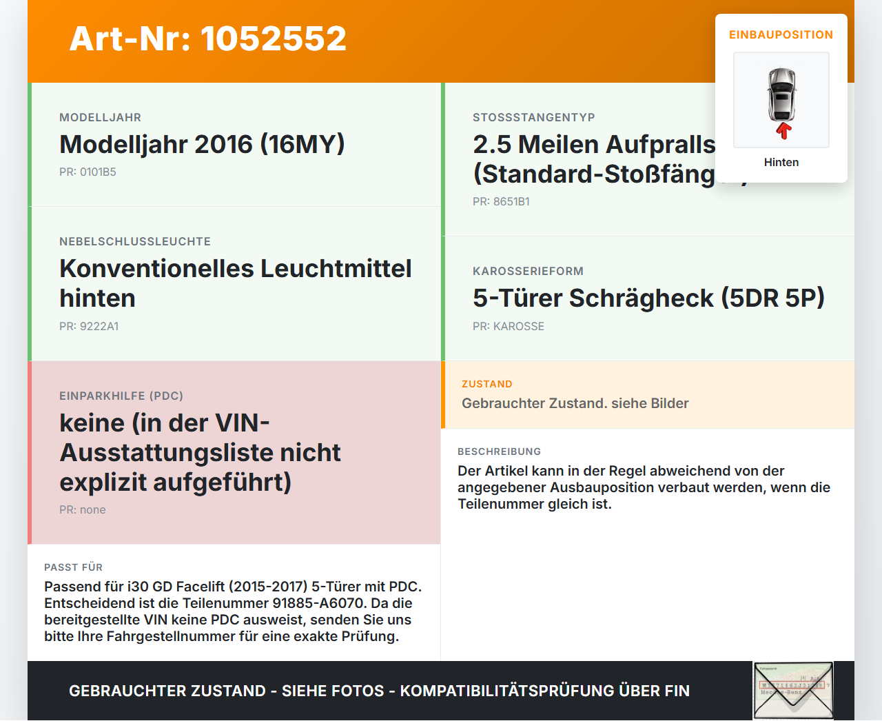 Hyundai I 30 GD 15-17 Kabelbaum PDC Einparkhilfe für Stoßstange Hinten Hyundai I 30 GD 15-17 30.10.2015 91885A6070... Vorschau 3