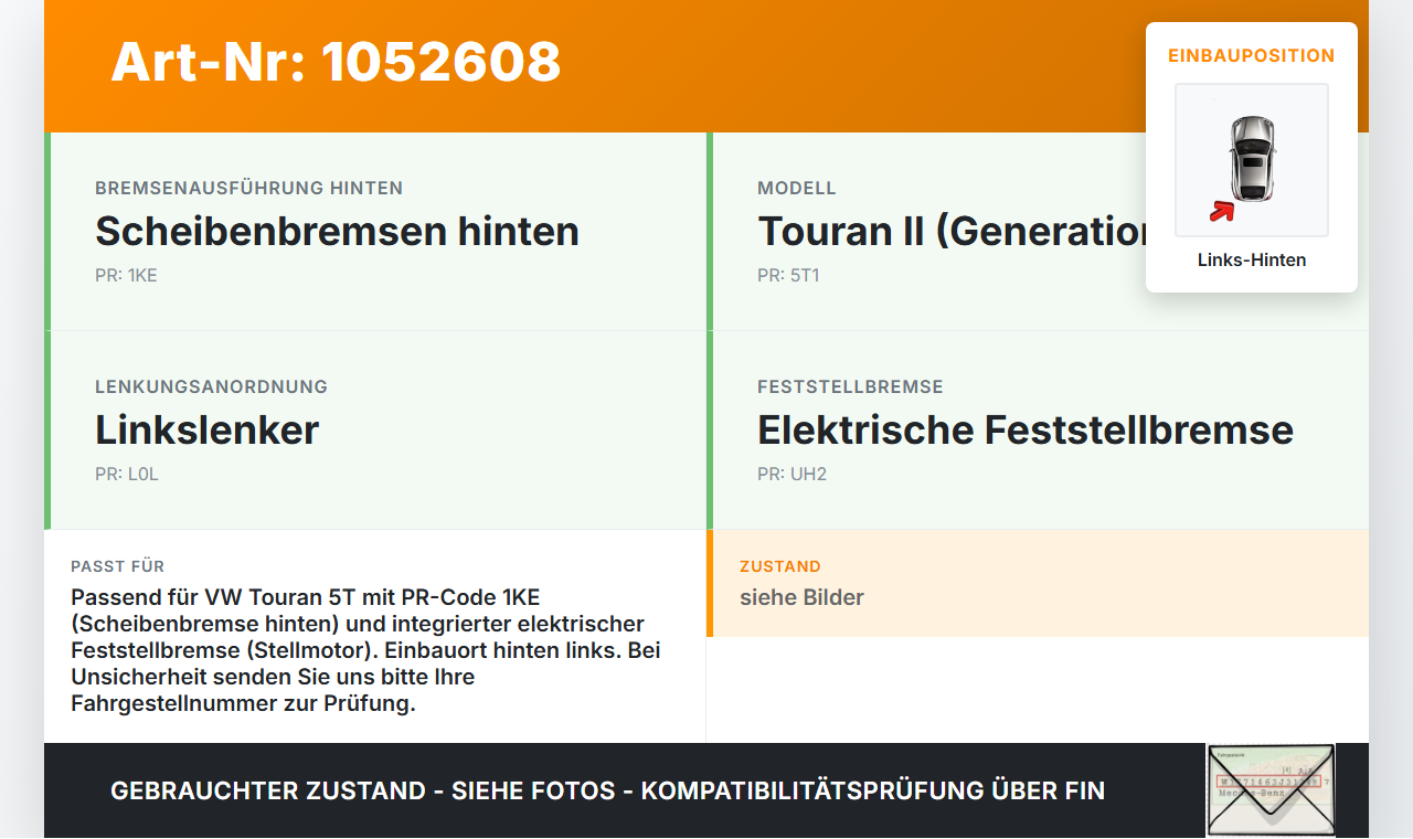 VW Touran II 5T 15-24 TSI 1,2 81KW Bremssattel Bremszange Hinten Links mit Stellmotor Parkbremse VW Touran II 5T... Vorschau 3