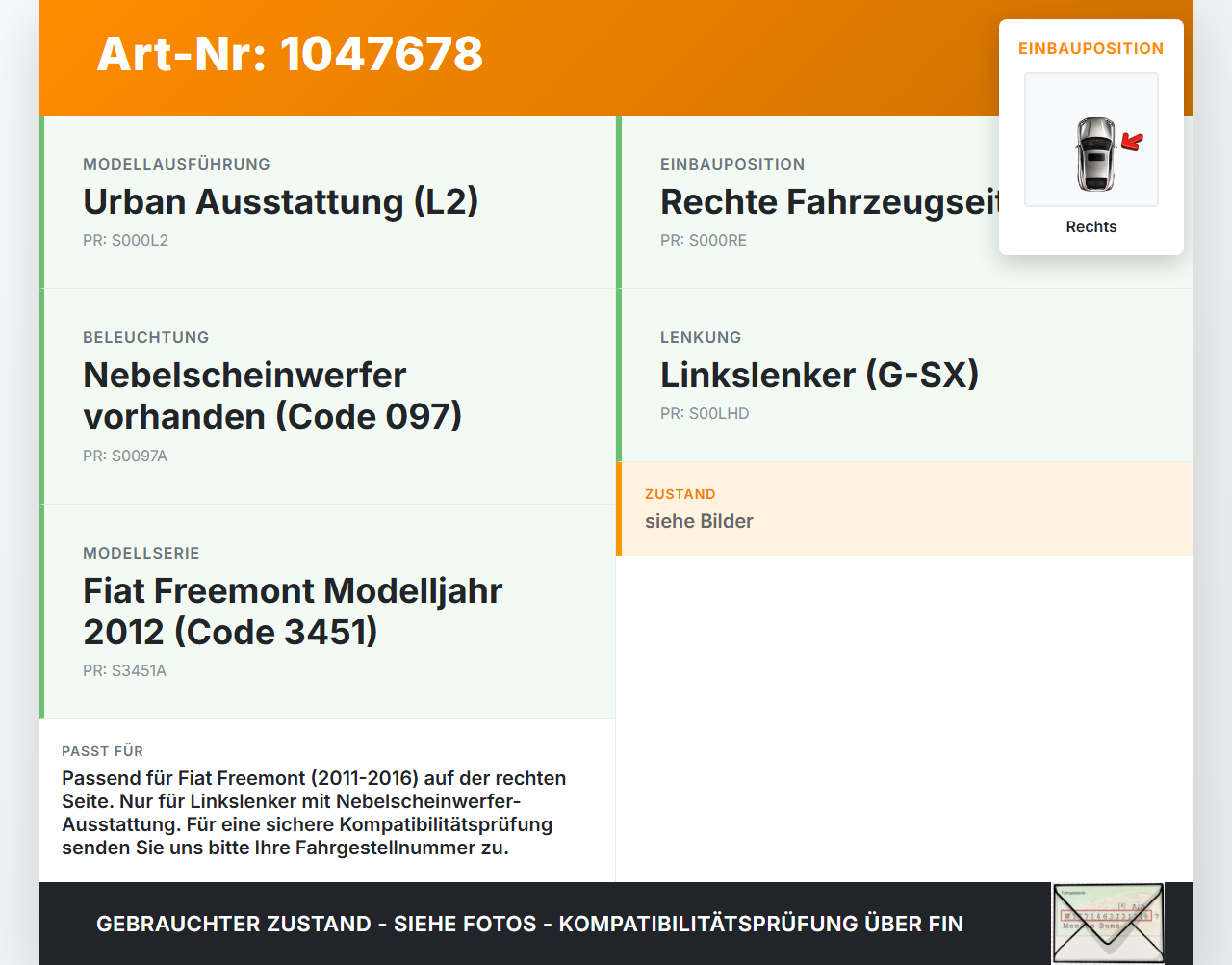Fiat Freemont 11-16 Nebelscheinwerfer Rechts orig. Fiat Freemont 11-16 05.01.2012  gebraucht Vorschau 3
