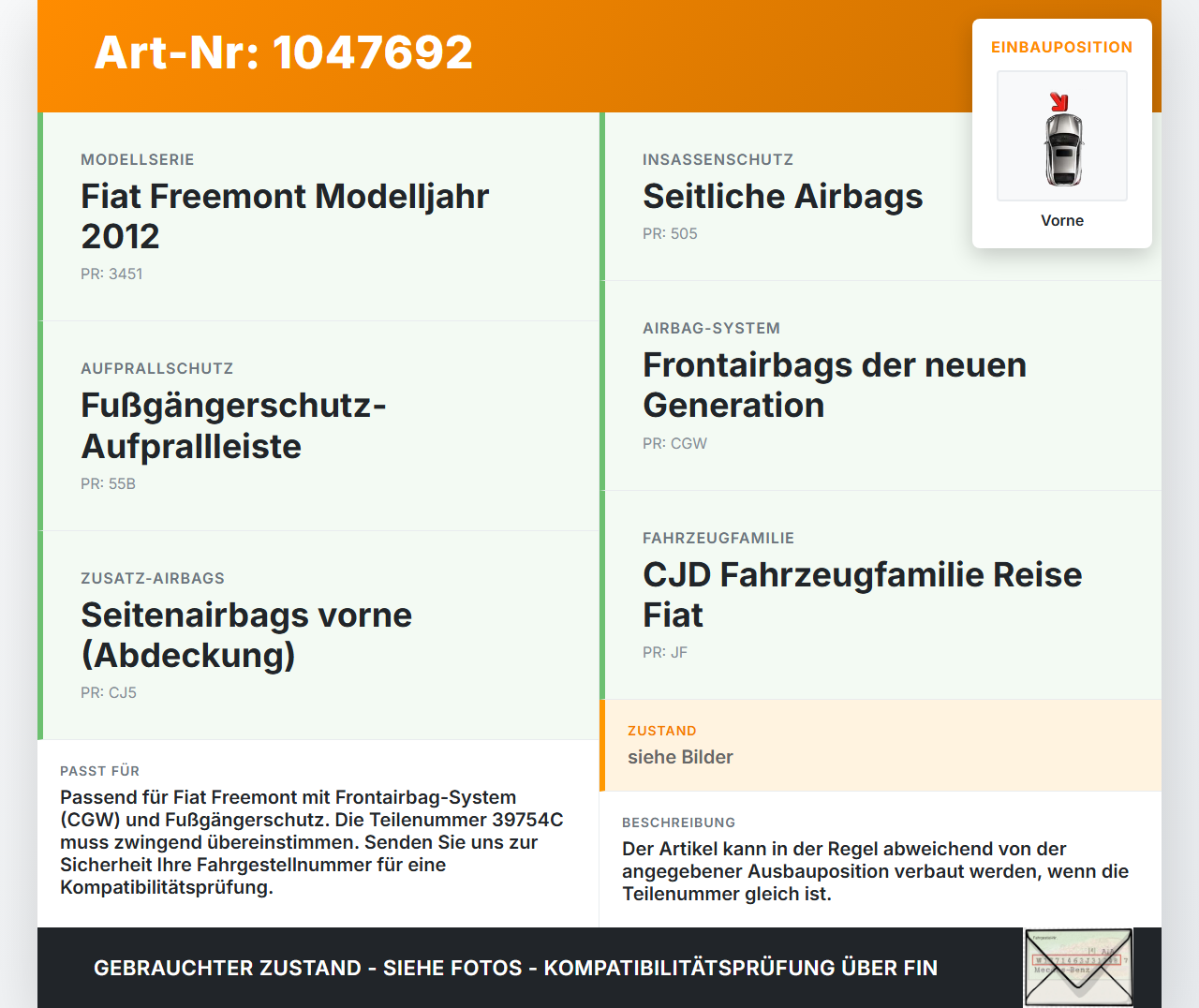 Fiat Freemont 11-16 Sensor Airbag Crashsensor Airbagsensor Vorne Mitte Fiat Freemont 11-16 05.01.2012  P56038950AA... Vorschau 3